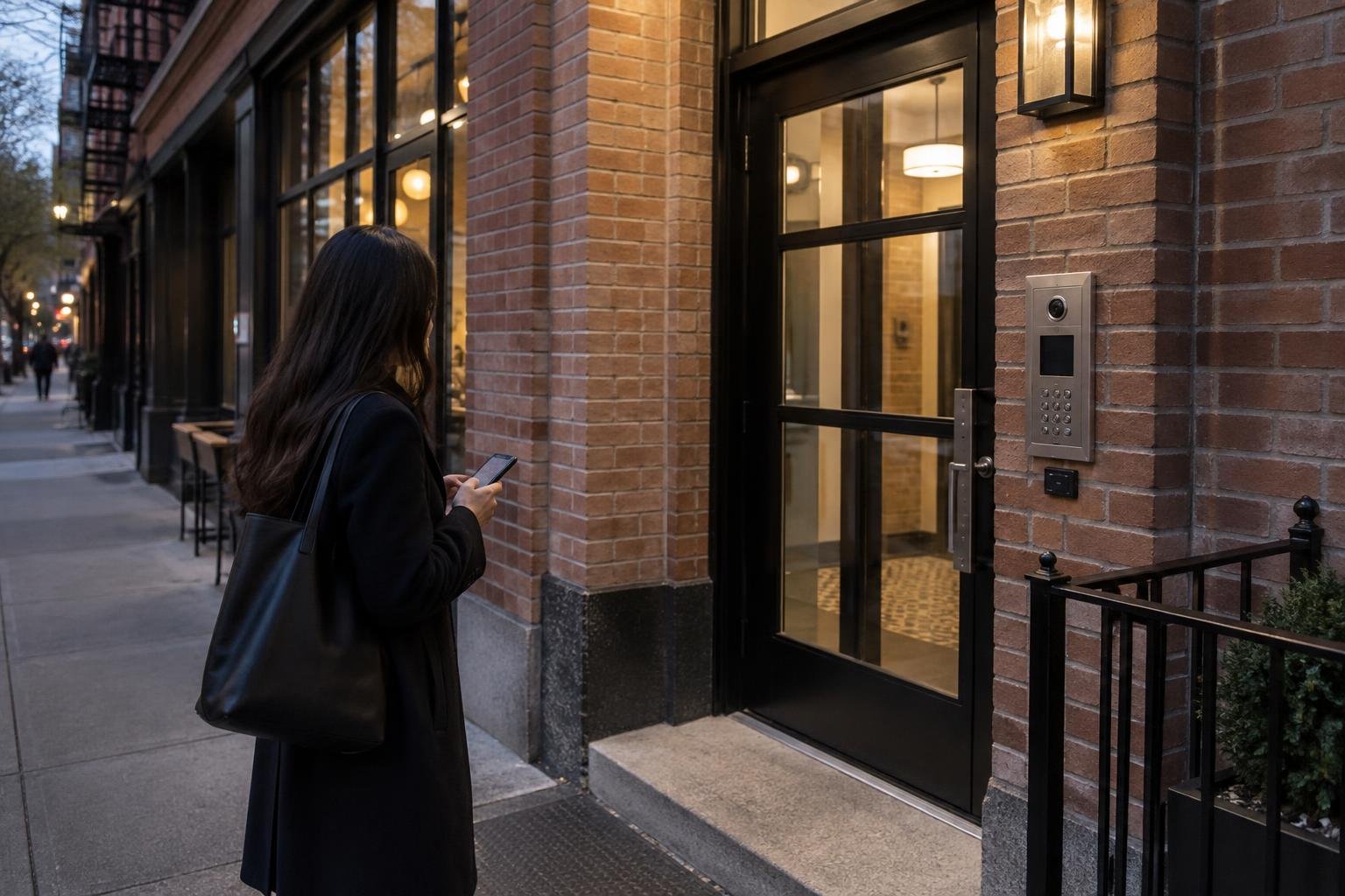 Resident calling for locksmith assistance beside a well-lit Williamsburg apartment entrance.