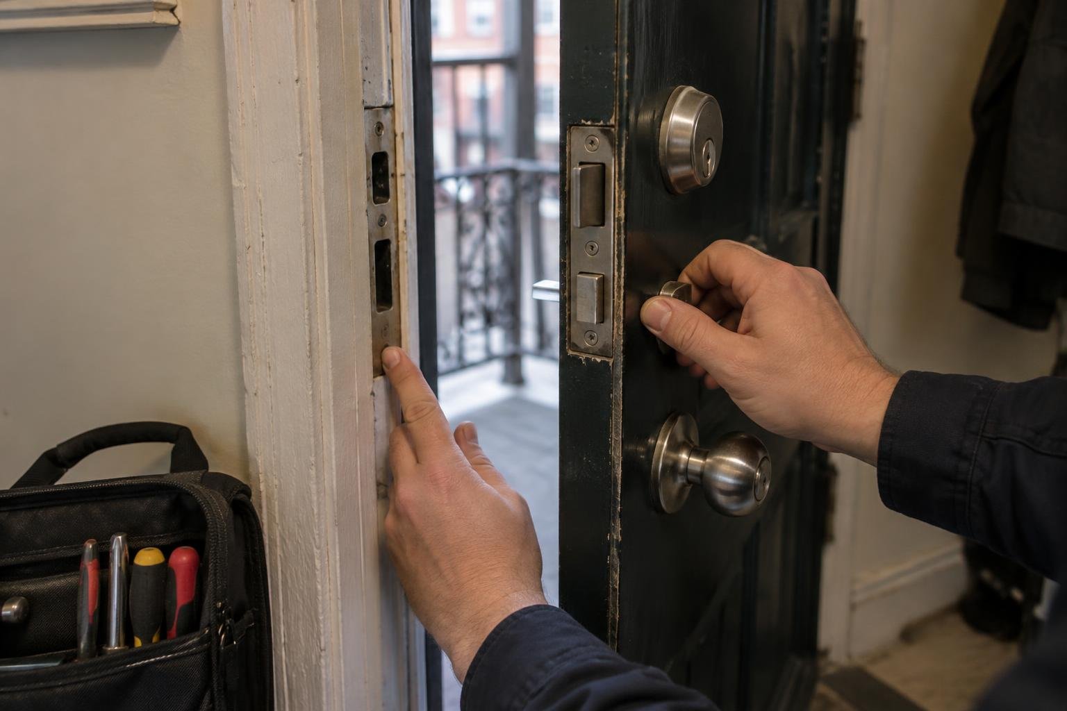 Locksmith inspecting an apartment door’s deadbolt and strike alignment.
