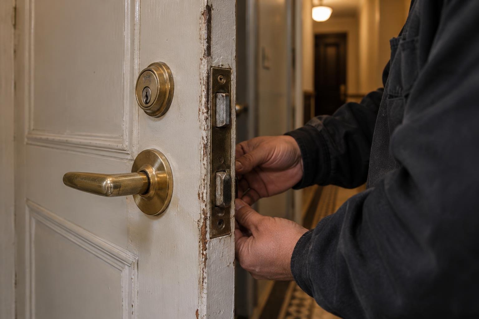 Older apartment mortise lock being checked for replacement compatibility.