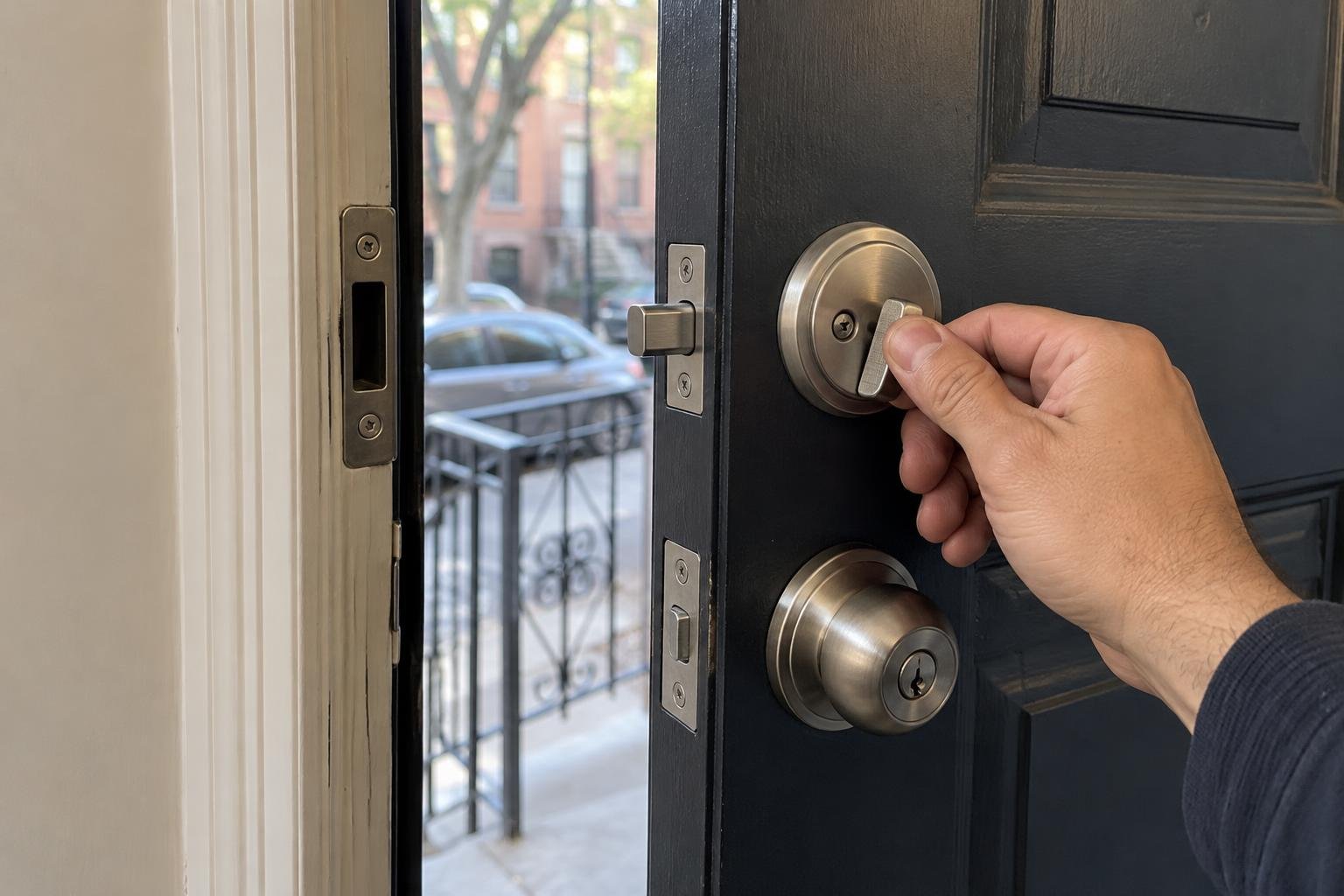 Technician checking deadbolt operation and strike alignment after a lock change.