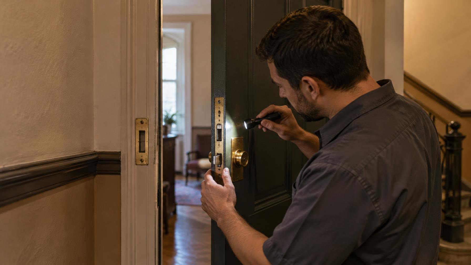 Locksmith inspecting mortise lock alignment on an older Upper West Side apartment door.