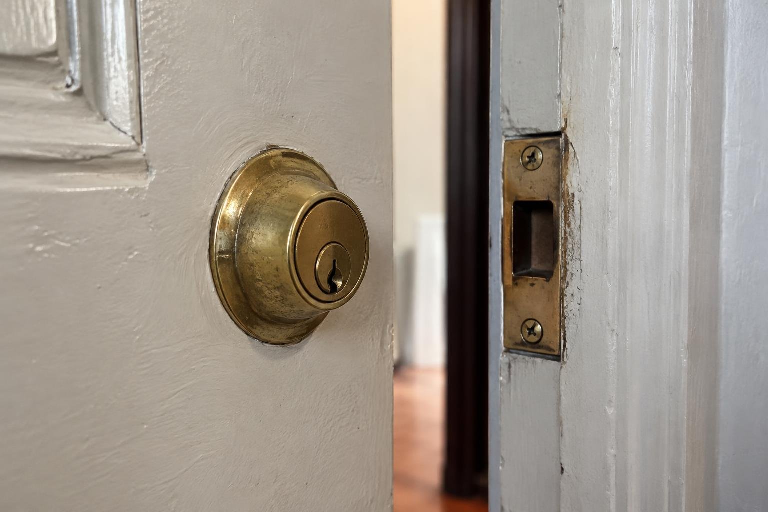 Brass strike plate with rubbing marks beside an open apartment door.