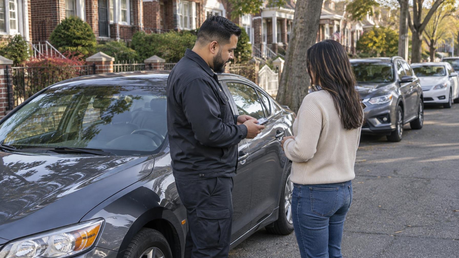 Locksmith discussing a replacement car fob with a driver beside a parked sedan in Jamaica, Queens.
