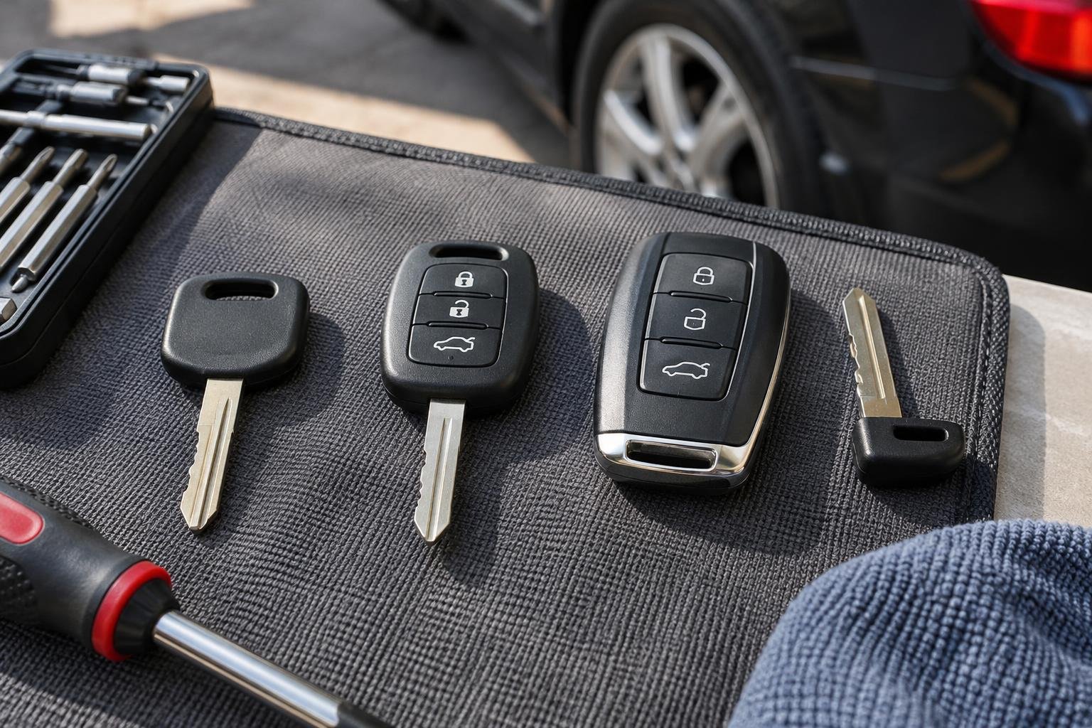 Mechanical car key, transponder key, and push-to-start fob illustrating different replacement requirements.