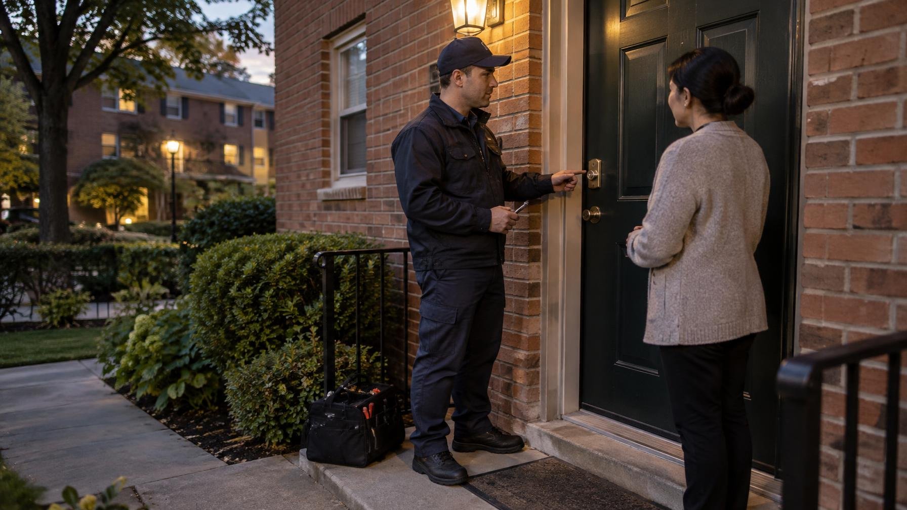 Locksmith speaking with a resident outside a brick apartment entrance in Oakland Gardens, Queens.