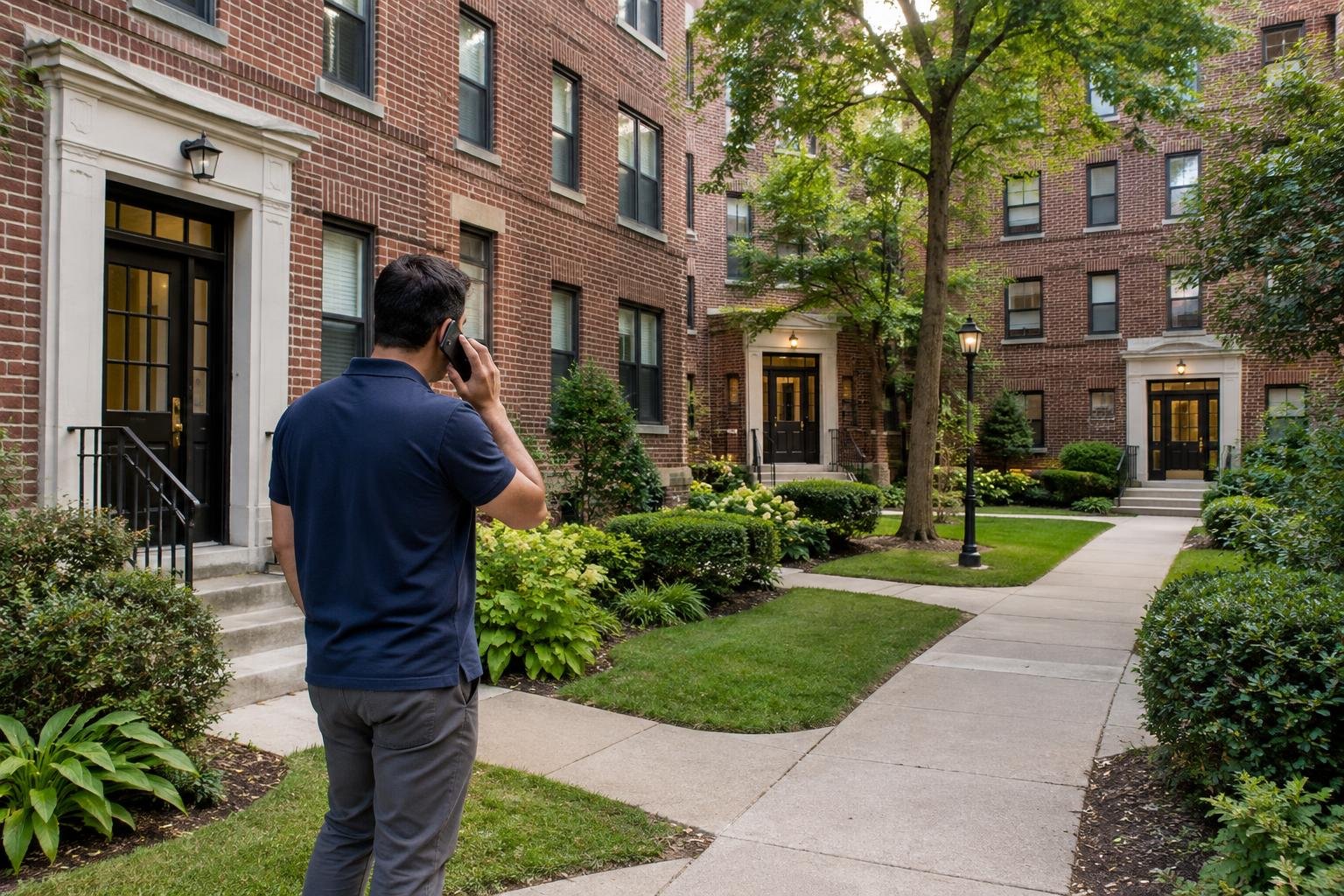 Resident calling for locksmith help from a garden-apartment walkway in Queens.