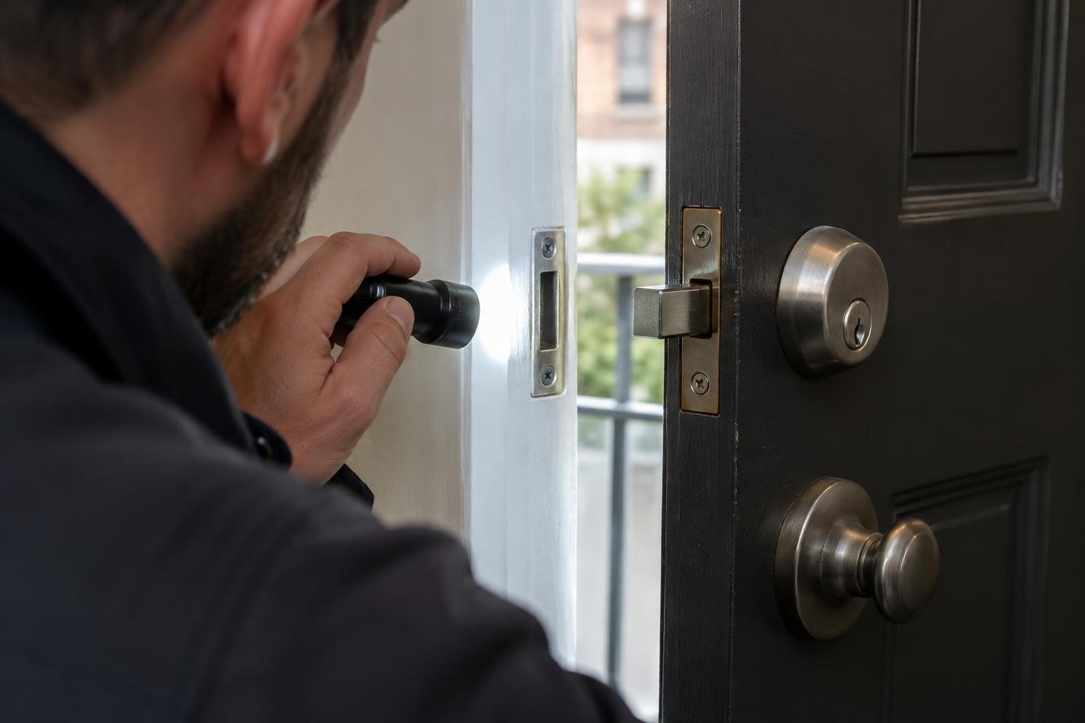 Locksmith checking a residential deadbolt and strike plate for alignment problems.