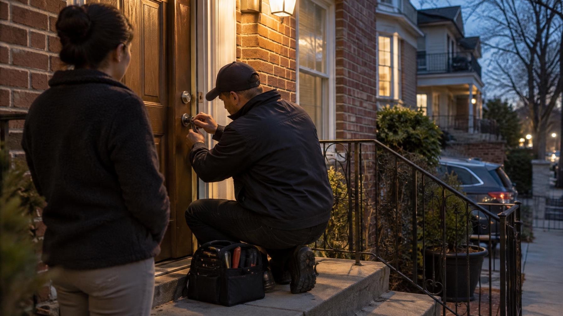 Locksmith assessing a residential entry lock at dusk in Hollis, Queens.
