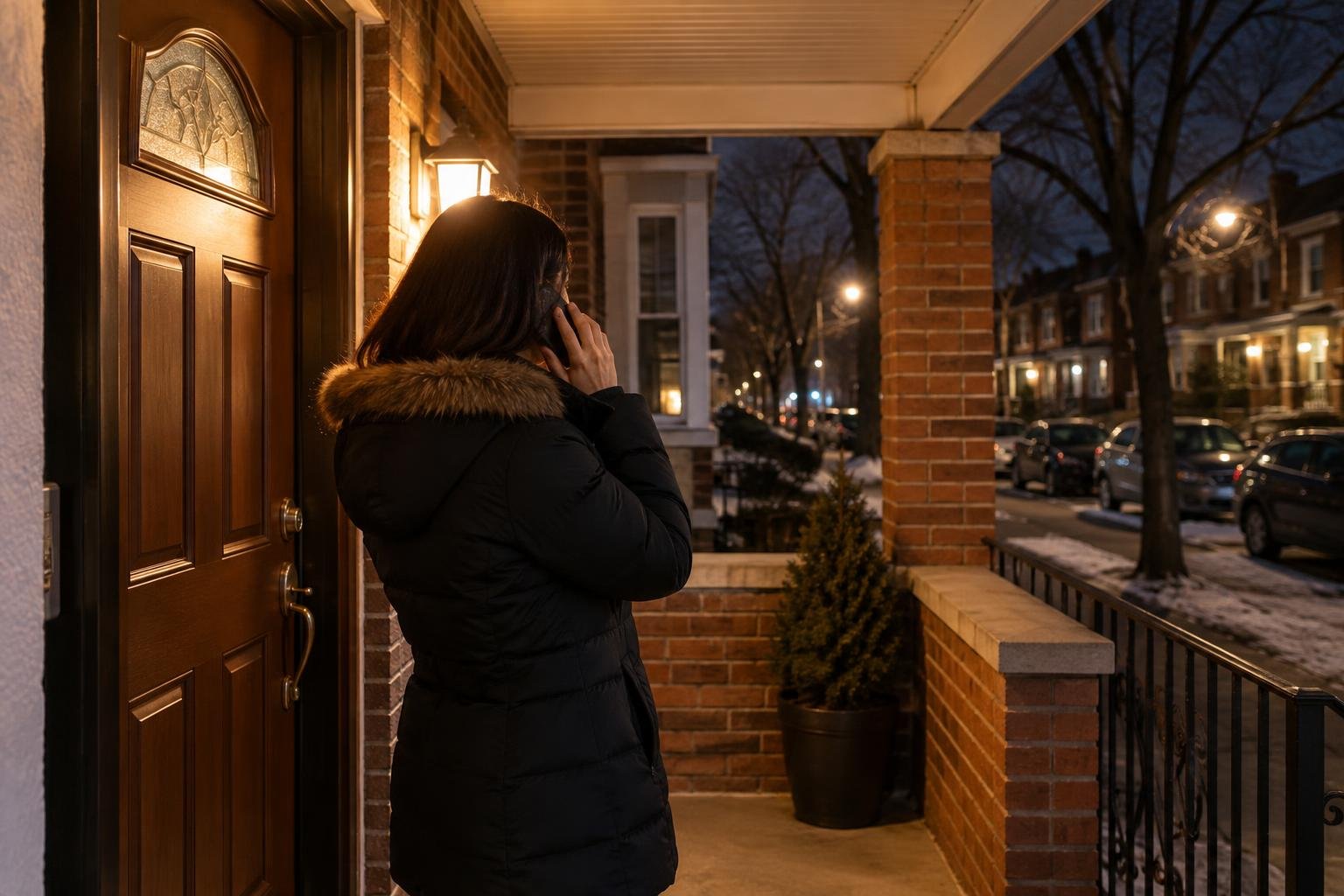 Resident calling for locksmith help from a sheltered porch in Queens.
