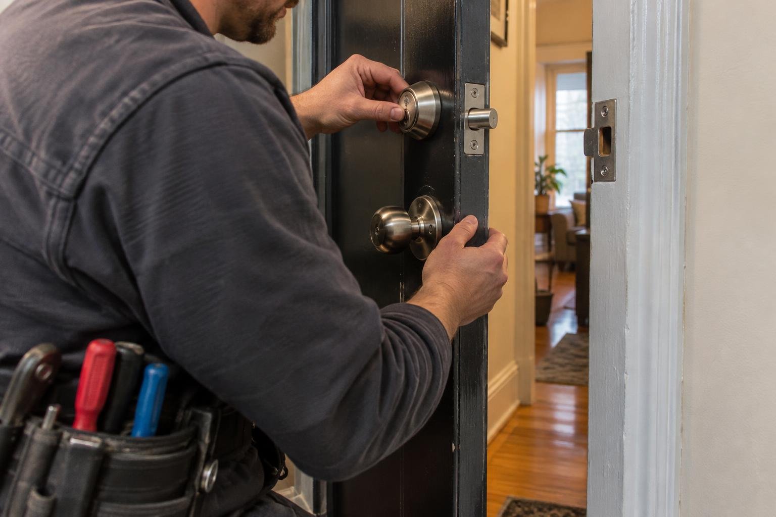 Locksmith checking deadbolt alignment and the strike plate on an open entry door.