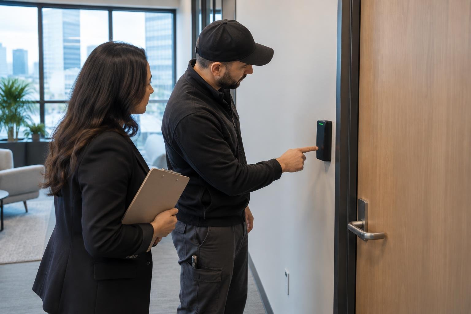 Business manager discussing office access control with a locksmith.