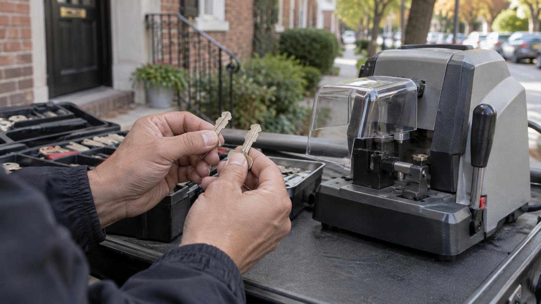 Locksmith comparing a residential key and spare beside mobile key-cutting equipment.