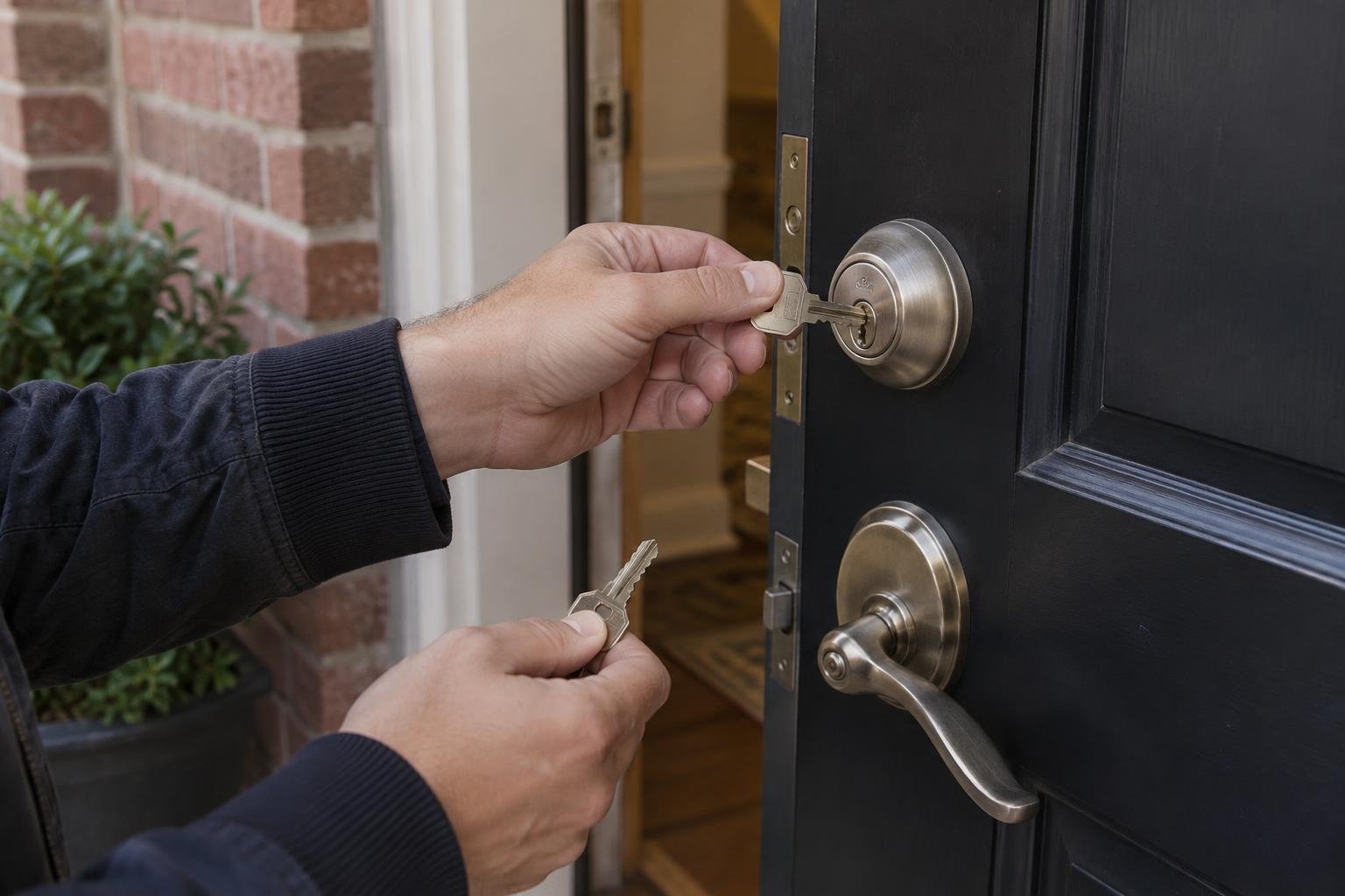 Resident testing a spare key in an open door while keeping the original available.