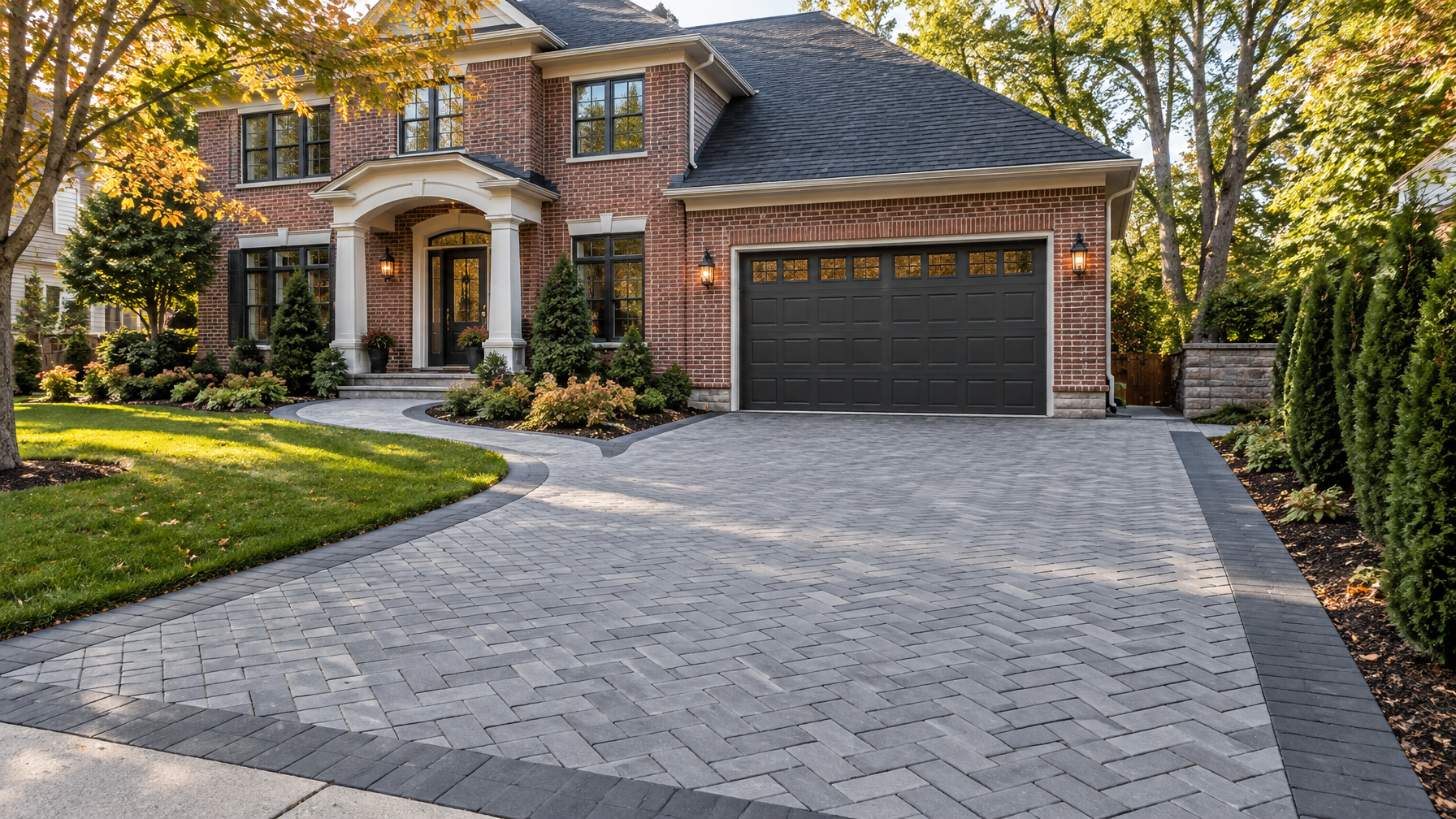 Gray concrete paver driveway with a charcoal border and matching walkway beside a brick home.