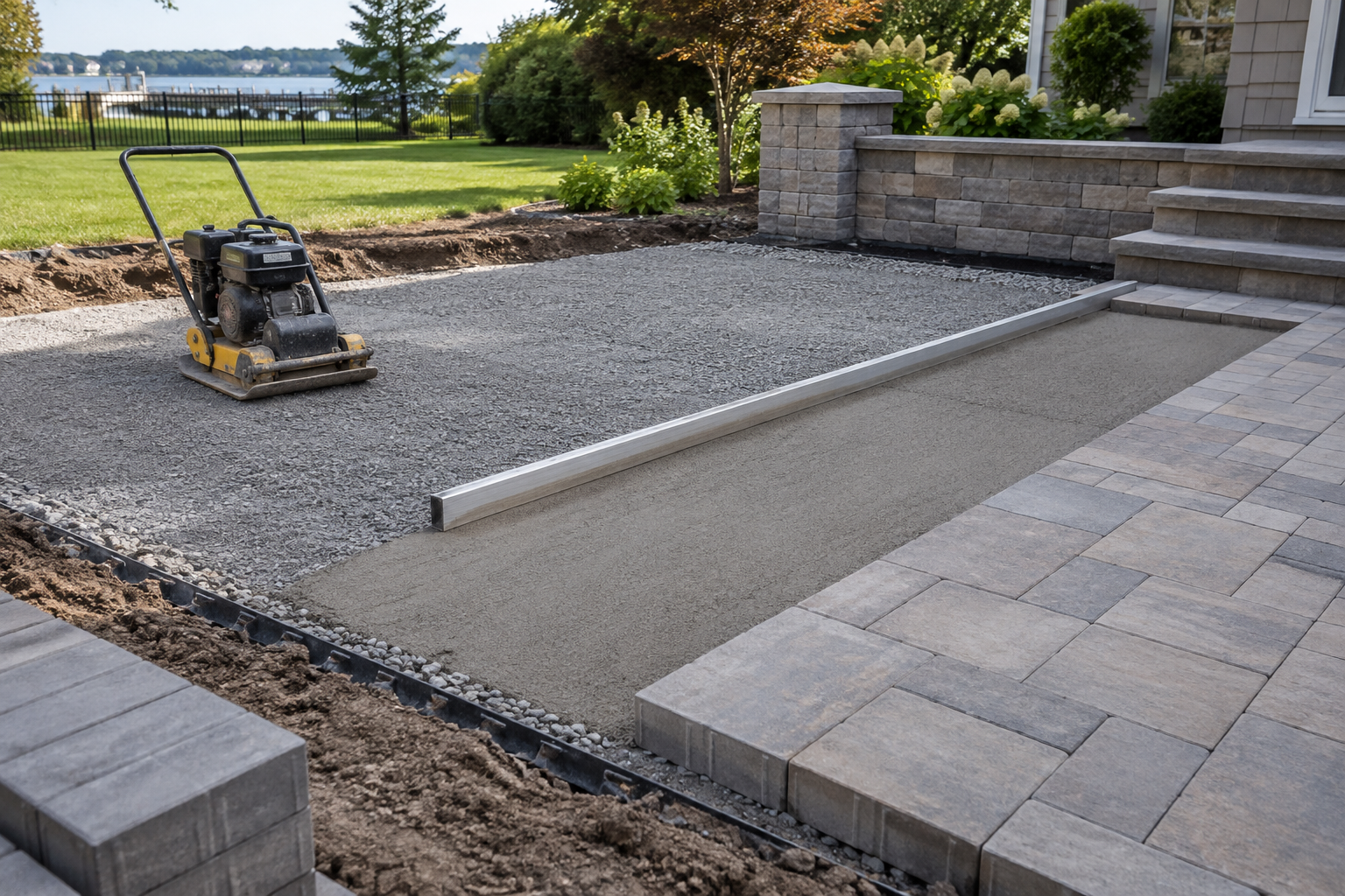 Patio installation in progress showing aggregate base, bedding material and laid concrete pavers.