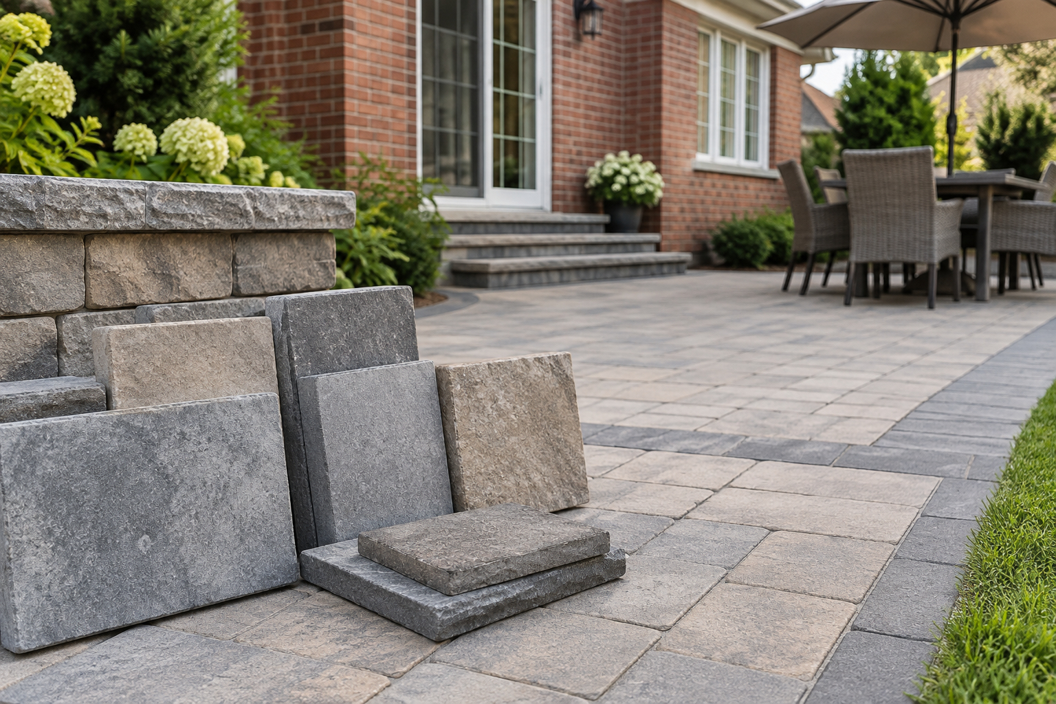 Concrete paver color and texture samples beside a patio with a charcoal border.