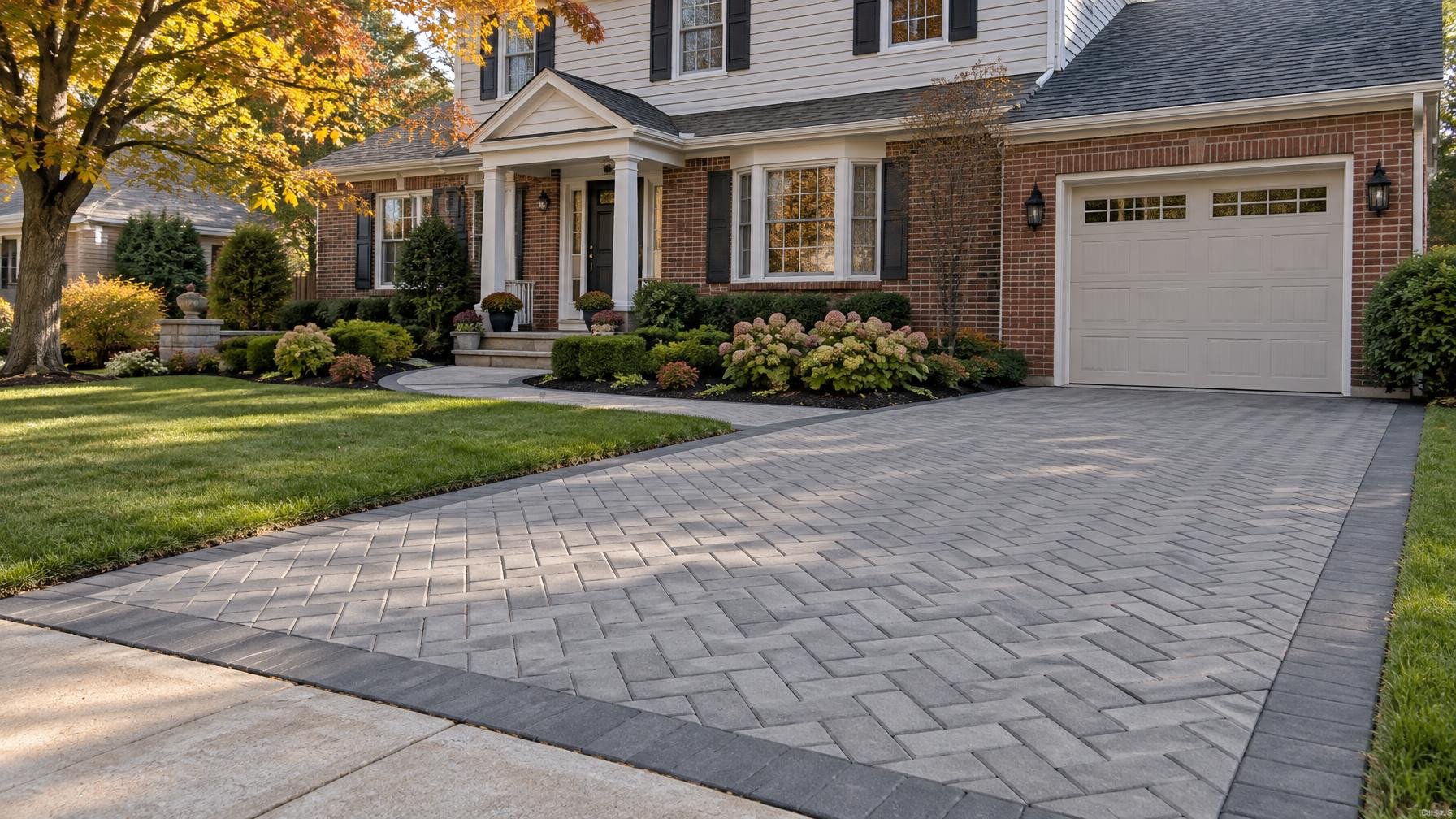 Illustrative Garden City-style home with a gray herringbone paver driveway and charcoal border.