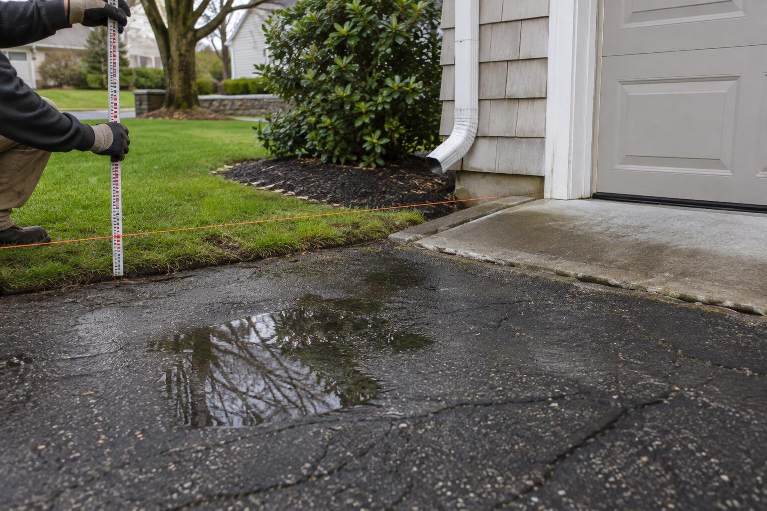 Illustrative driveway elevation check near a garage with standing water visible after rain.