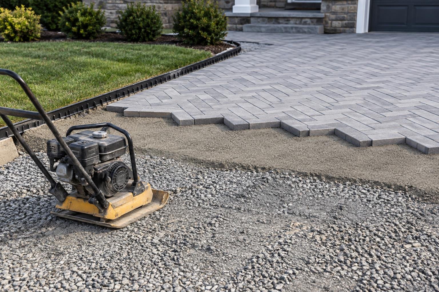 Illustrative paver driveway installation showing prepared aggregate base, bedding and herringbone pavers.