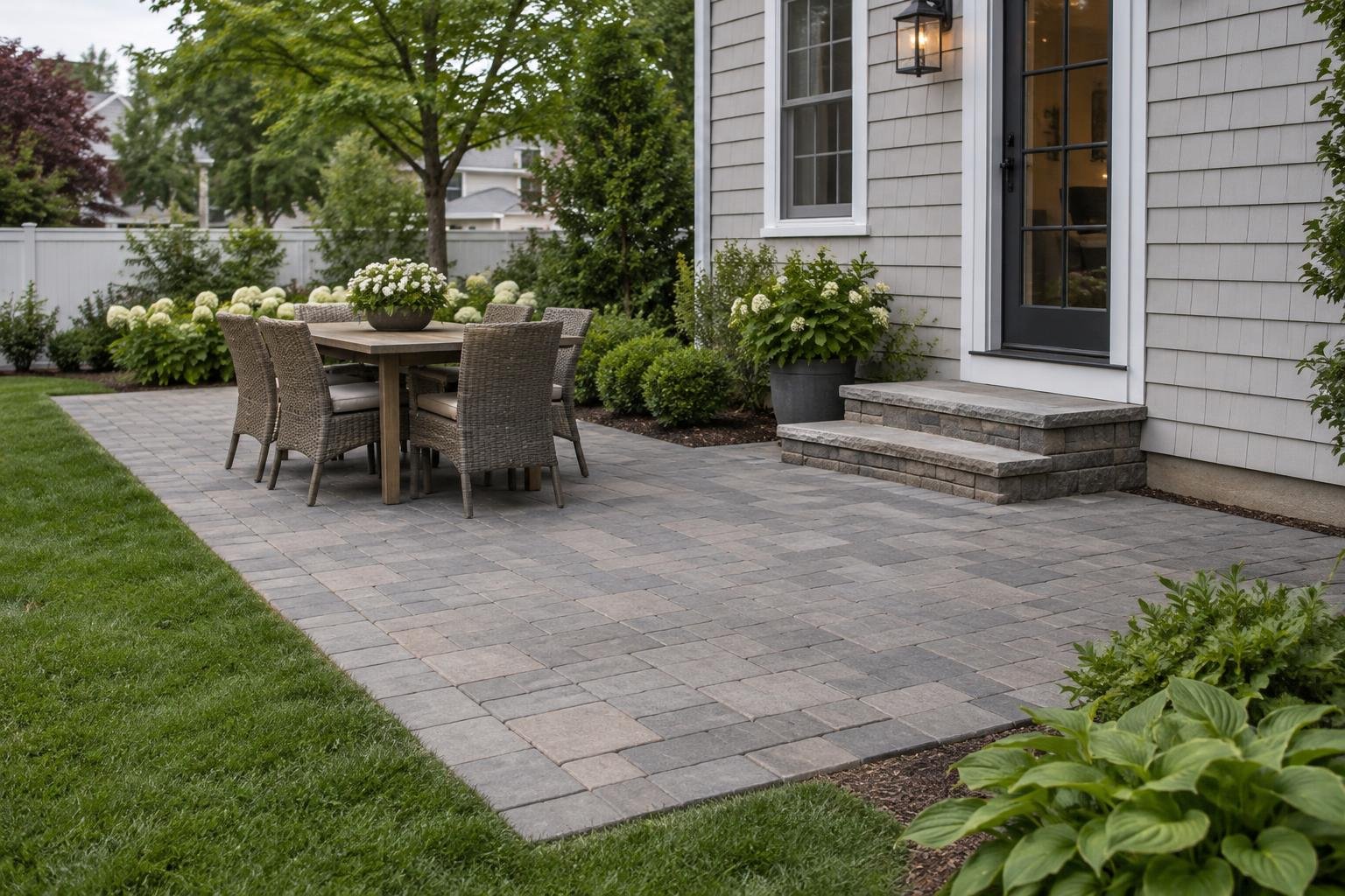 Illustrative paver patio layout with clear walking space and masonry steps at the rear entrance.