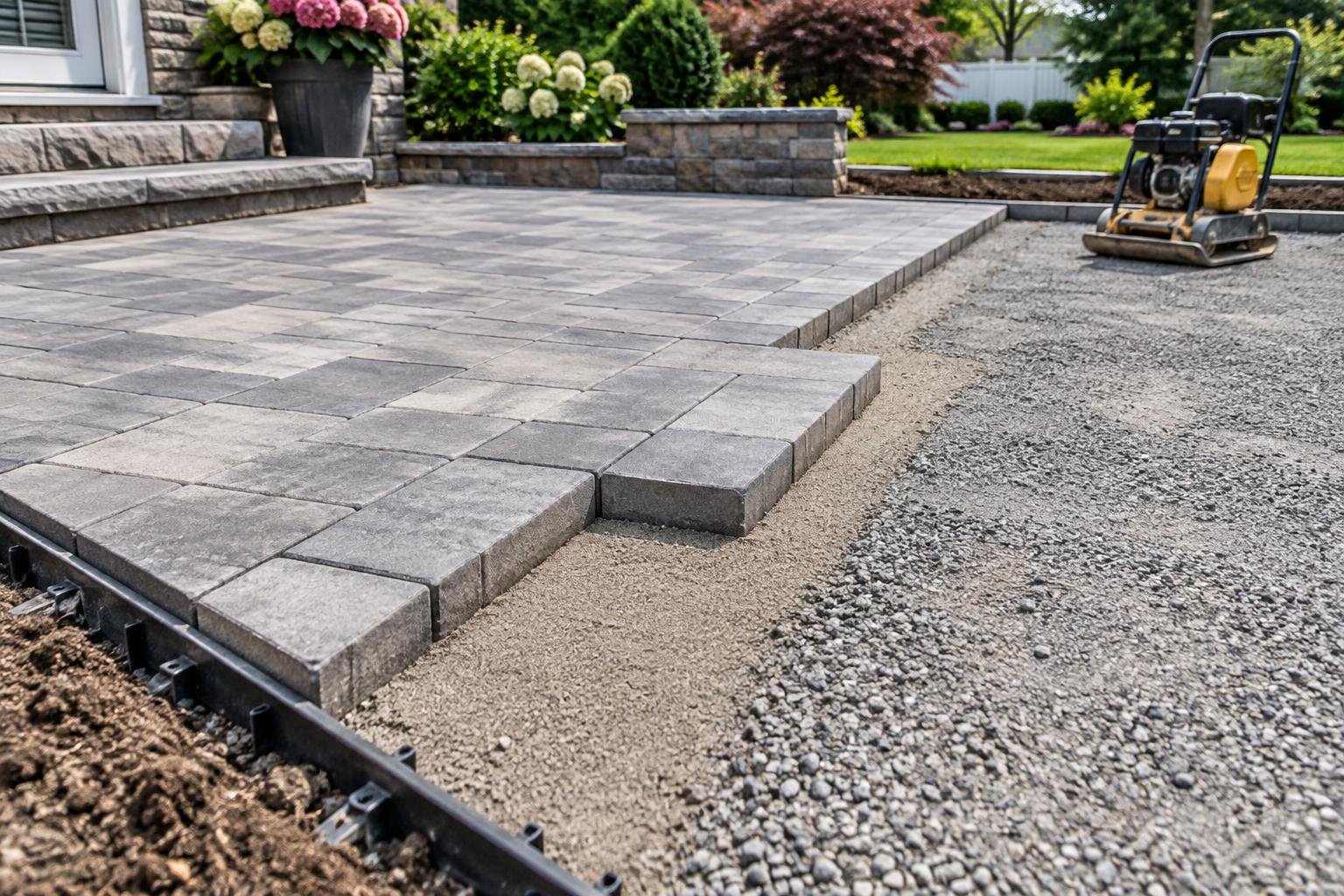 Illustrative patio installation showing aggregate base, bedding, pavers and perimeter edge restraint.