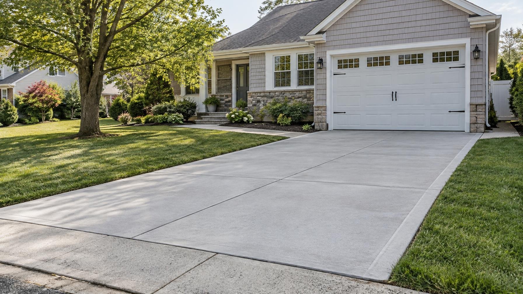 Concrete driveway with broom finish and control joints beside a suburban home.
