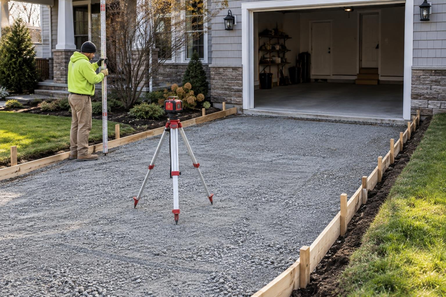 Worker checking driveway base elevations before concrete placement.