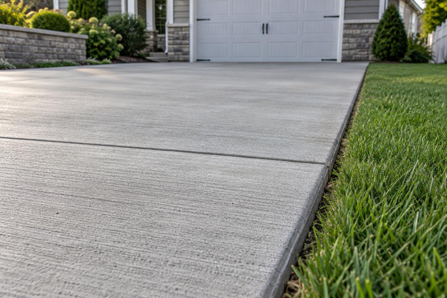Broom-finished concrete driveway with a control joint and clean lawn edge.