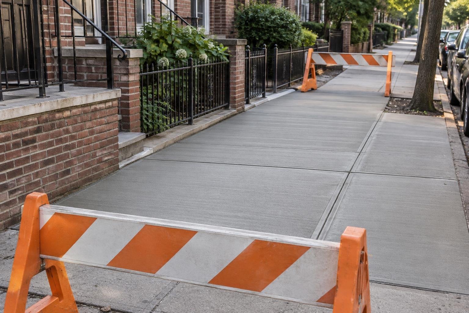 New broom-finished sidewalk sections protected by barriers while the concrete cures.