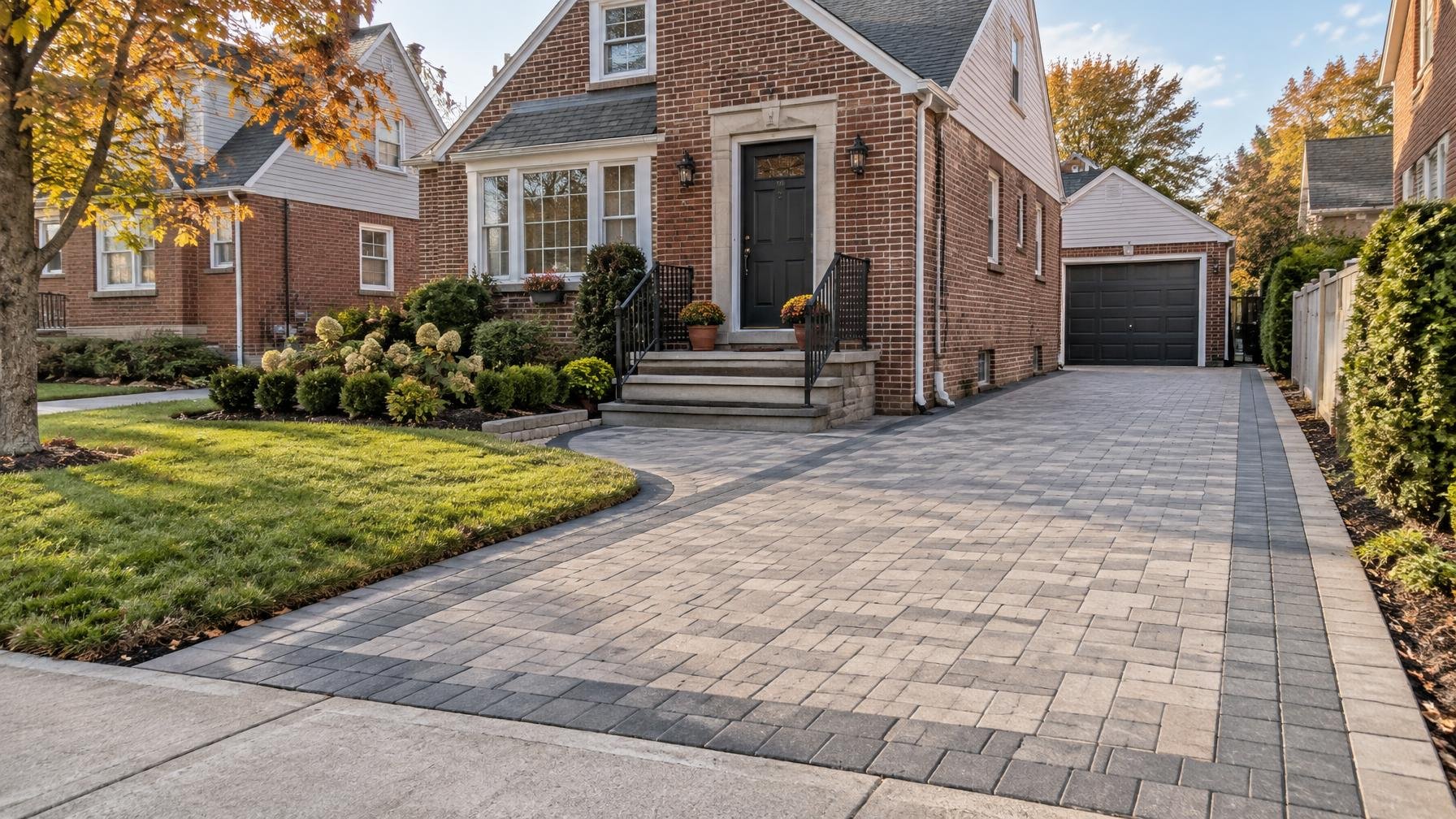 Illustrative paver driveway and front walkway beside a brick home in a Bayside-style residential setting.