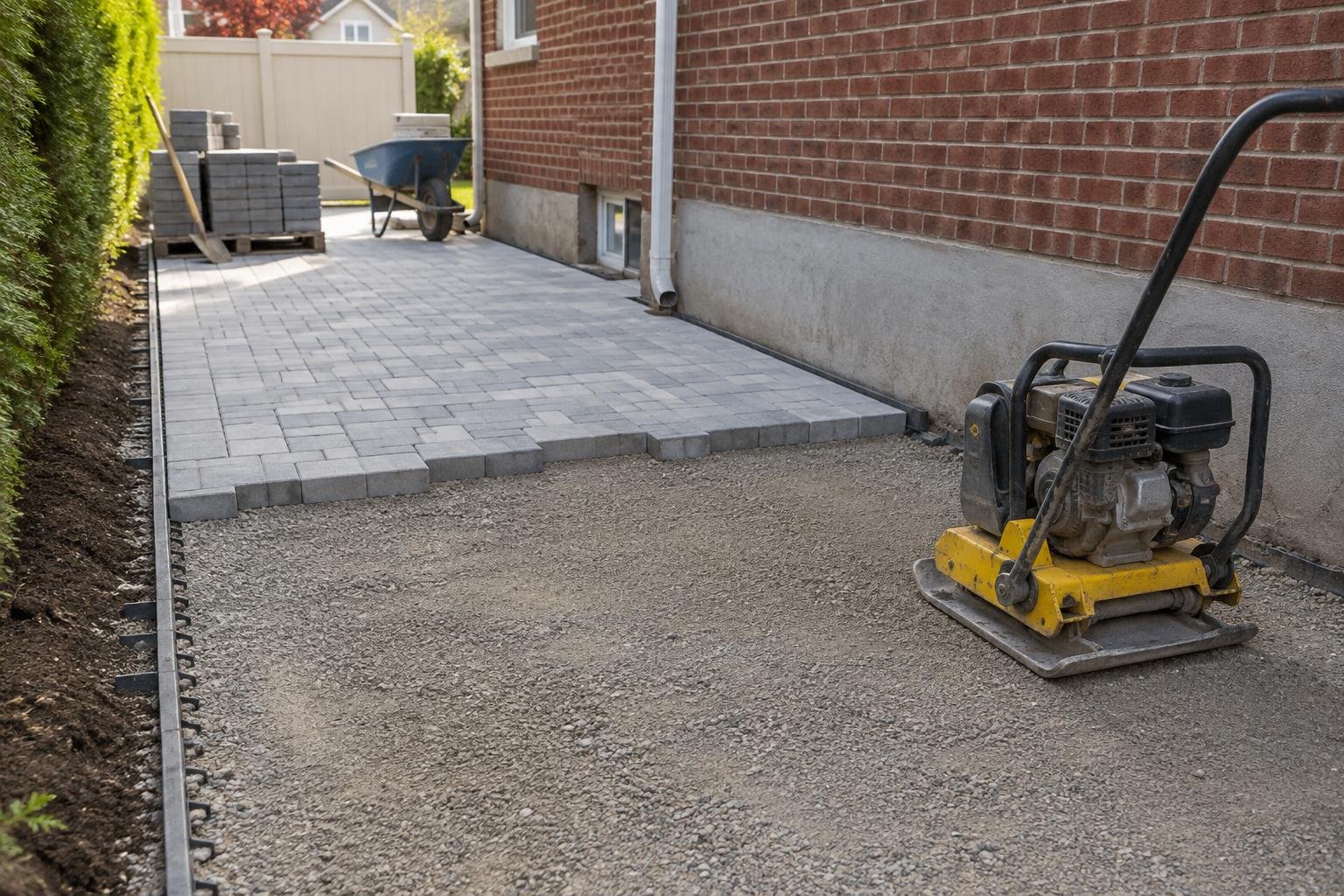 Illustrative paver installation showing prepared aggregate base, laid pavers and edge restraint.
