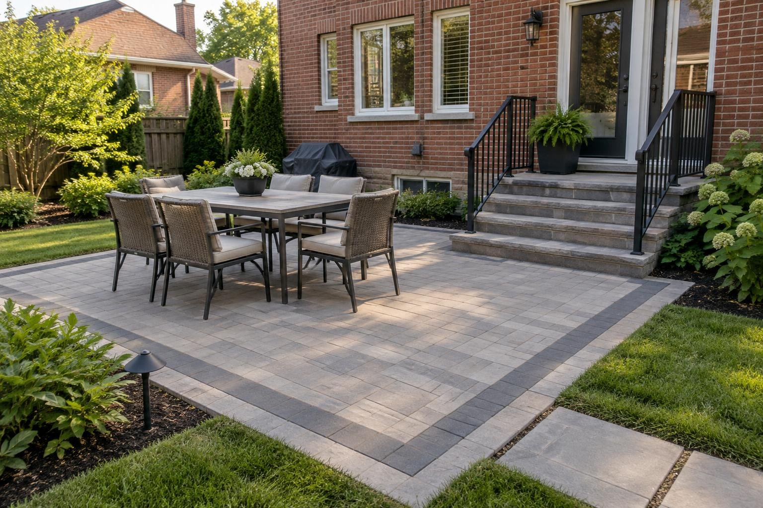 Illustrative backyard paver patio with dining space and a clear walking route to the rear steps.