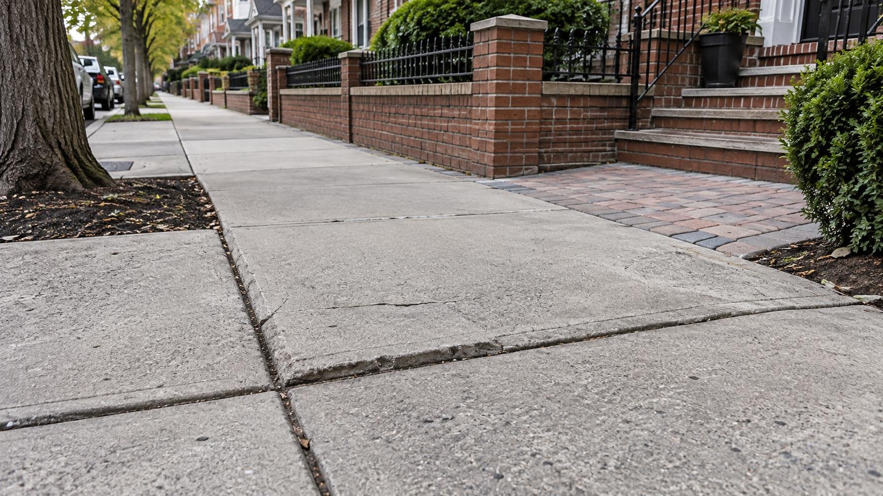 Uneven concrete sidewalk joint along a residential frontage in Flushing, Queens.