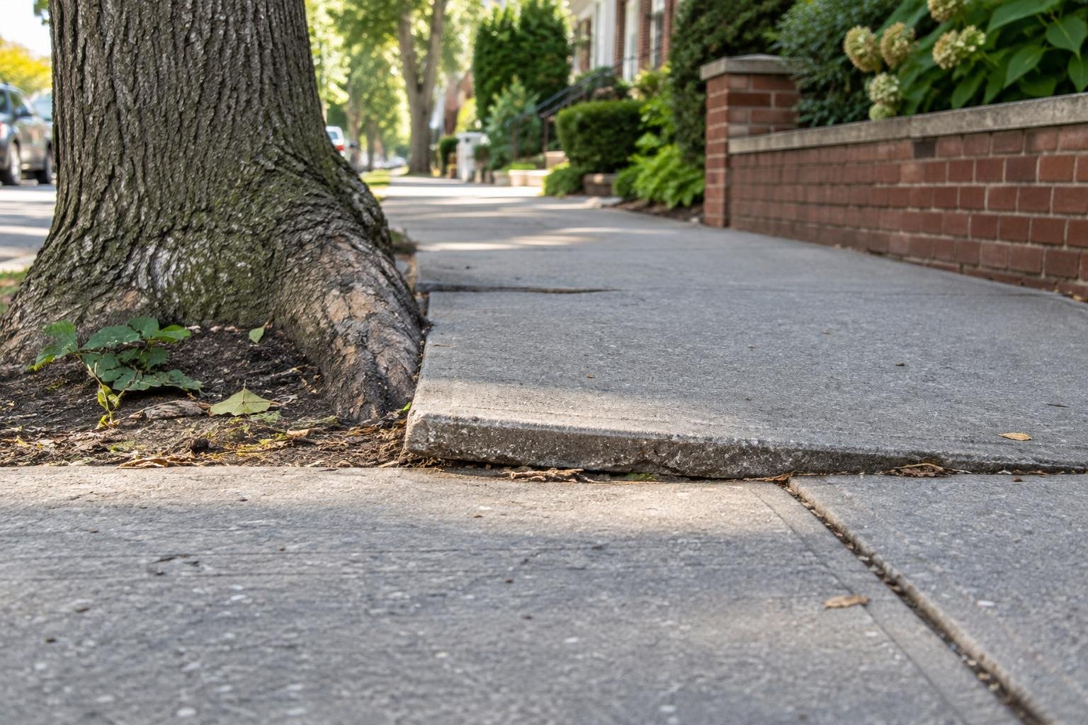 Raised sidewalk panel beside a street tree pit, showing a condition that needs assessment before repair.