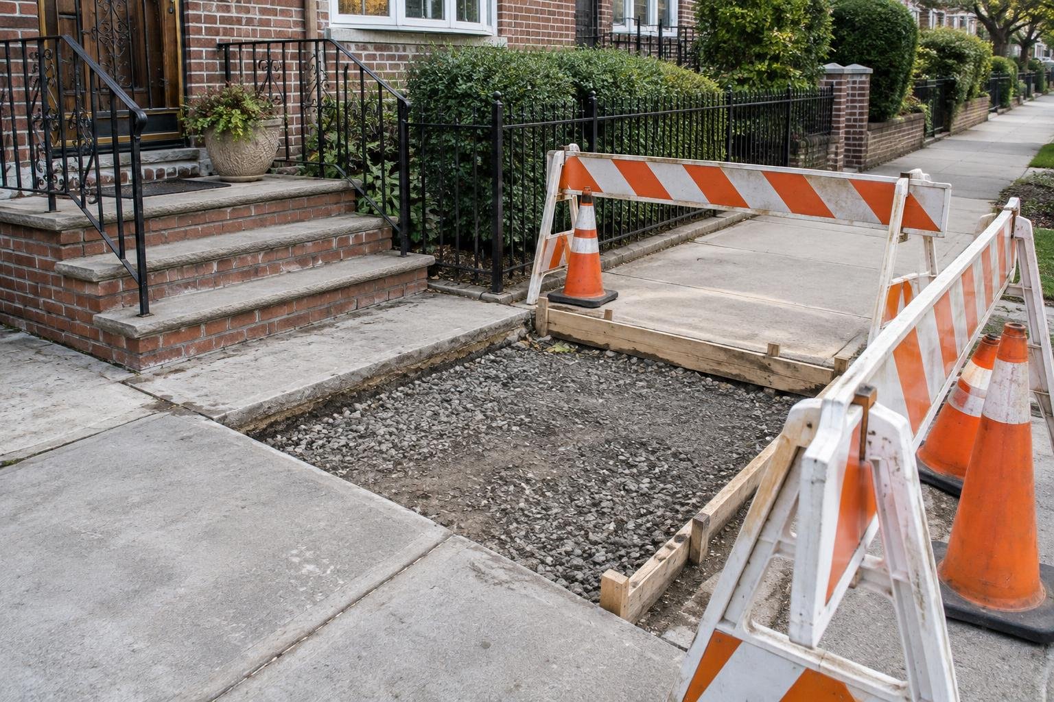 Sidewalk replacement area with formwork and prepared base enclosed by temporary barriers.