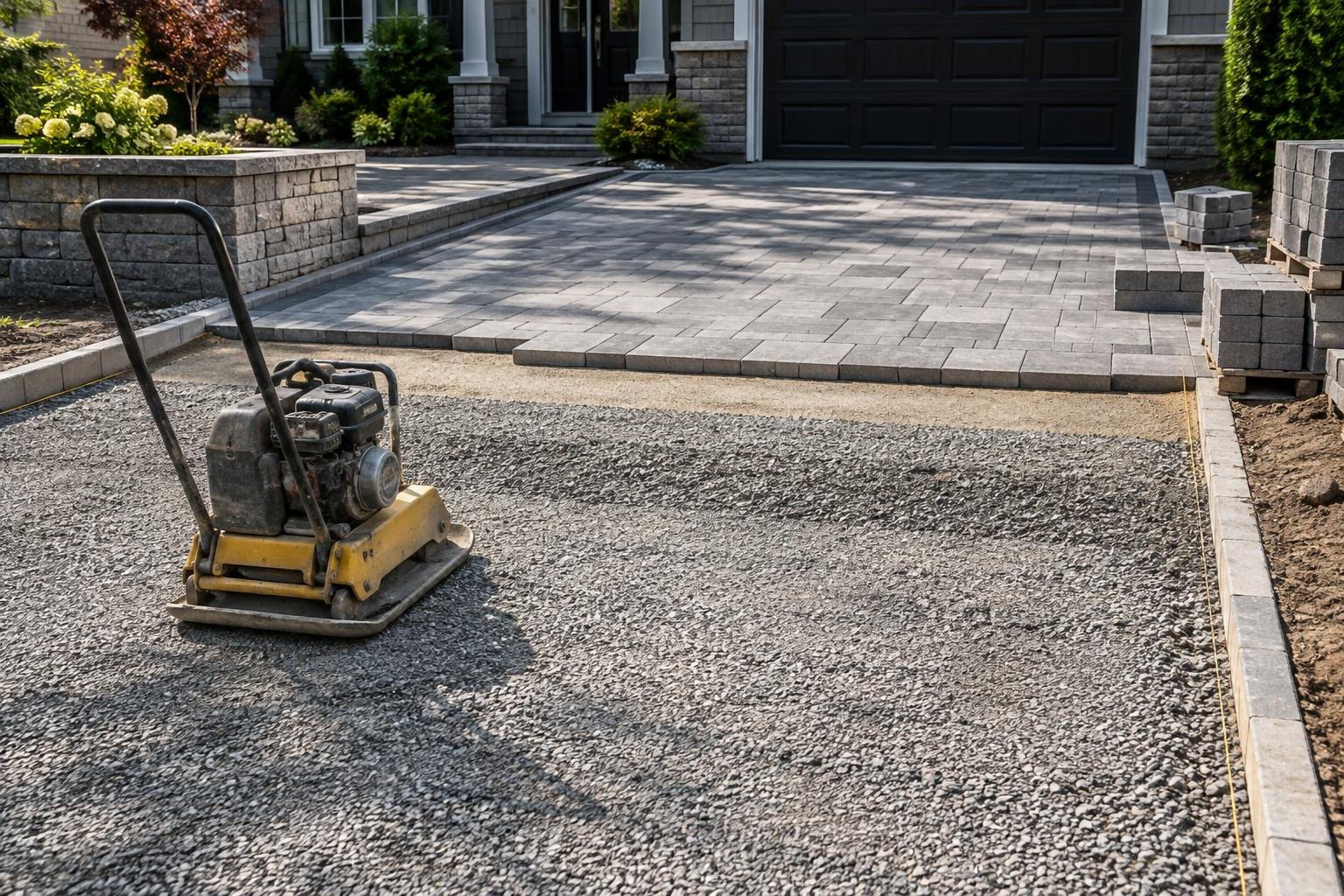 Prepared aggregate base, bedding layer and partially installed concrete driveway pavers.