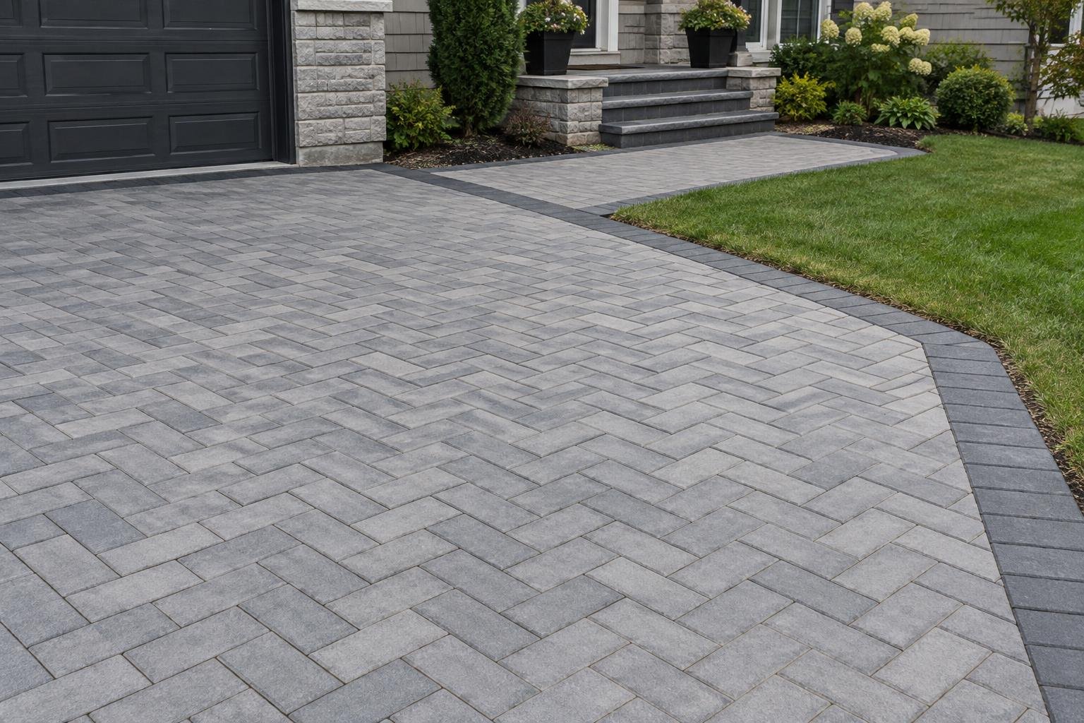 Close view of herringbone driveway pavers, a charcoal border and a flush walkway connection.