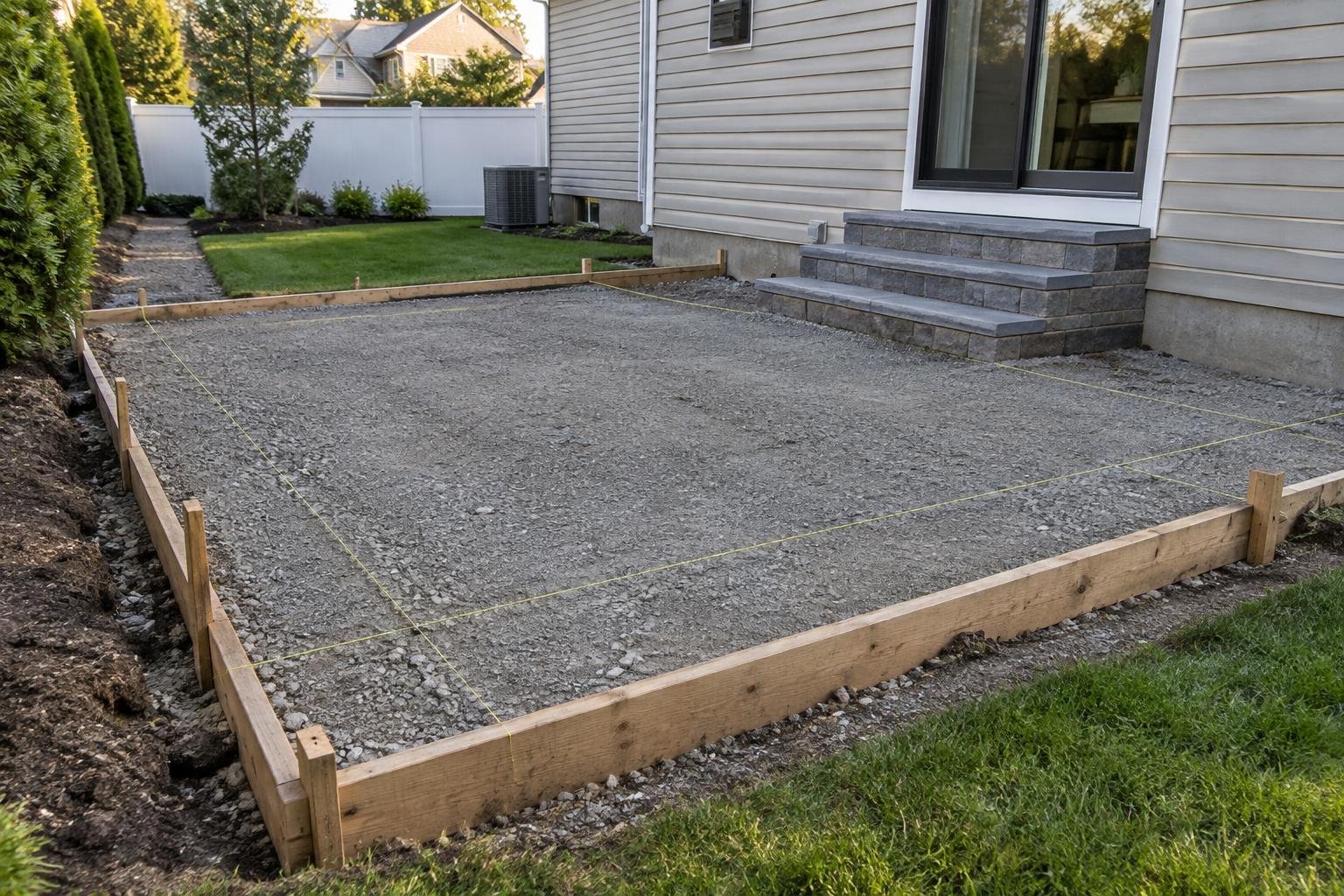 Prepared granular base and perimeter forms for a backyard concrete patio before pouring.