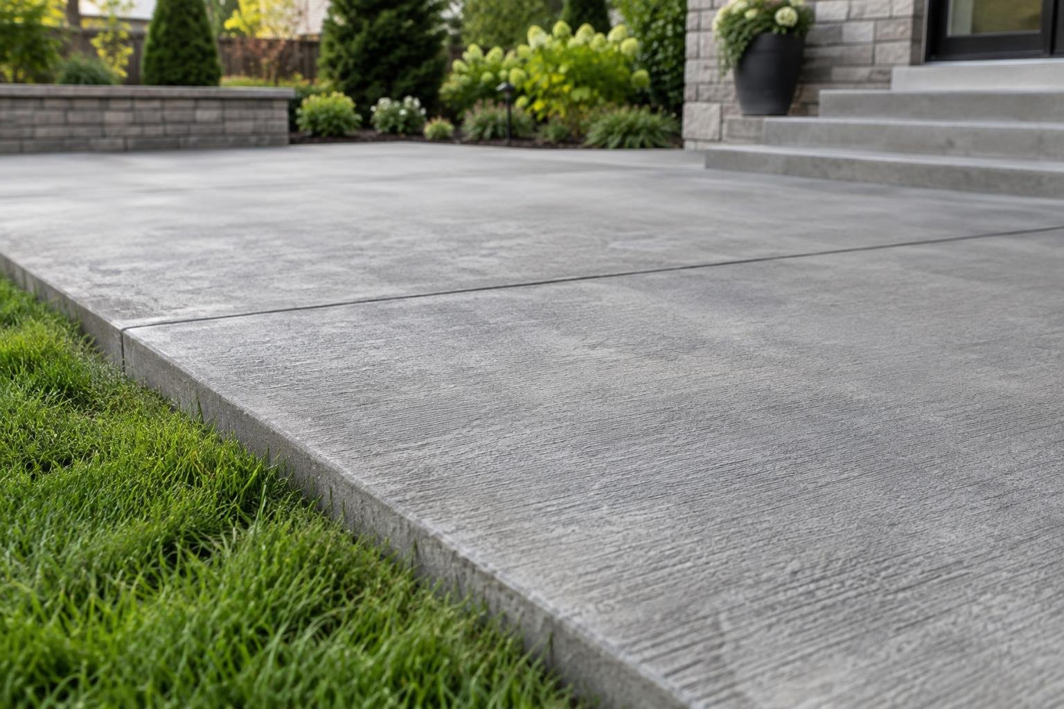Close-up of broom-finished patio concrete with a straight control joint and neat lawn edge.