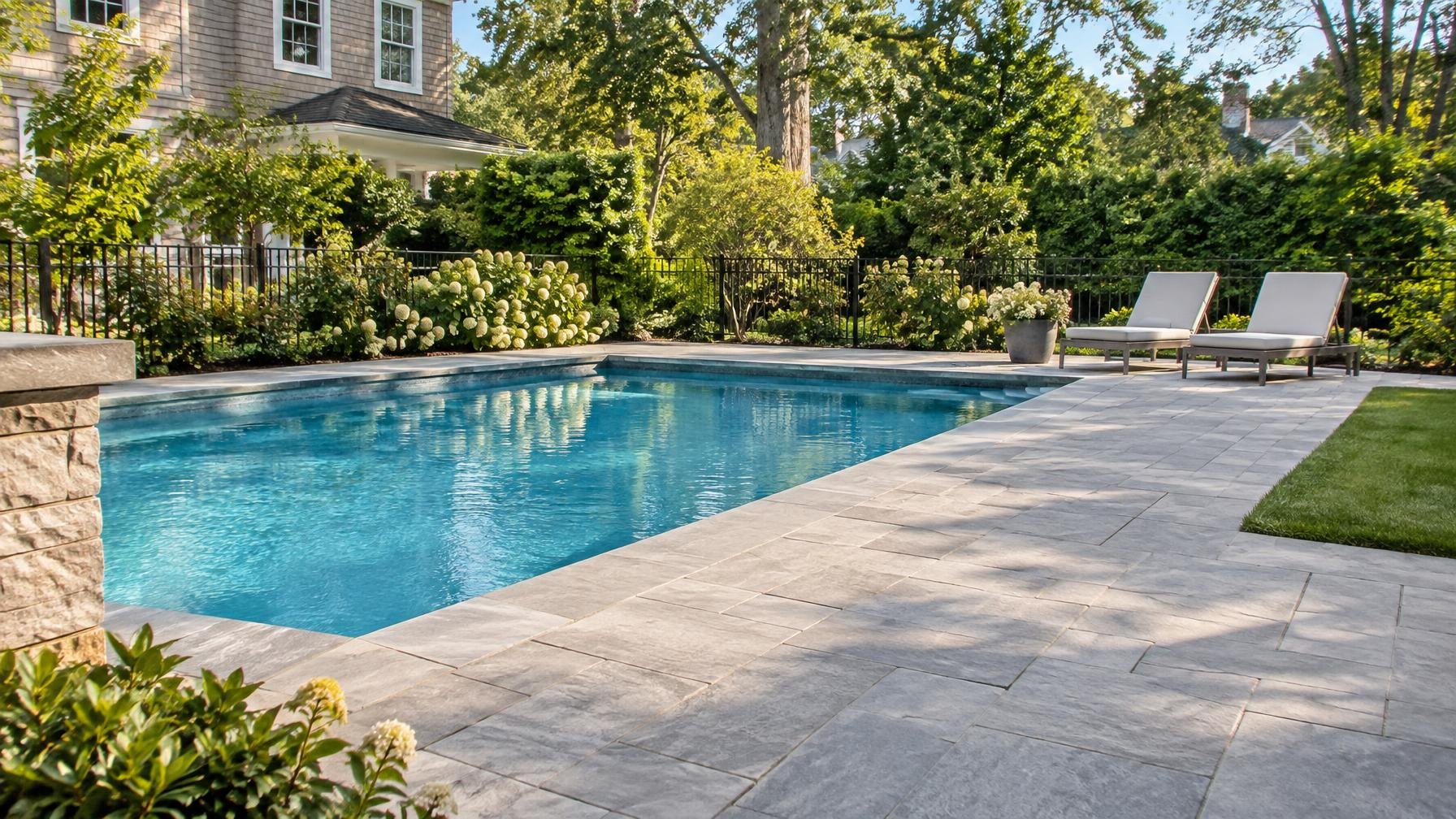 Light gray paver pool deck with coordinating coping and a clear walking route around a backyard pool.