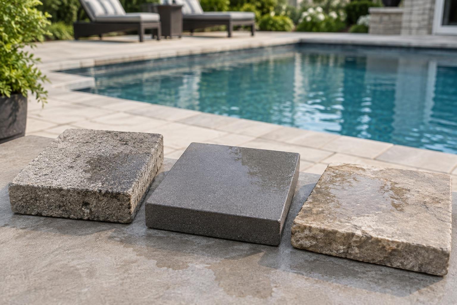 Concrete, porcelain and natural stone paving samples showing different pool-deck textures and finishes.