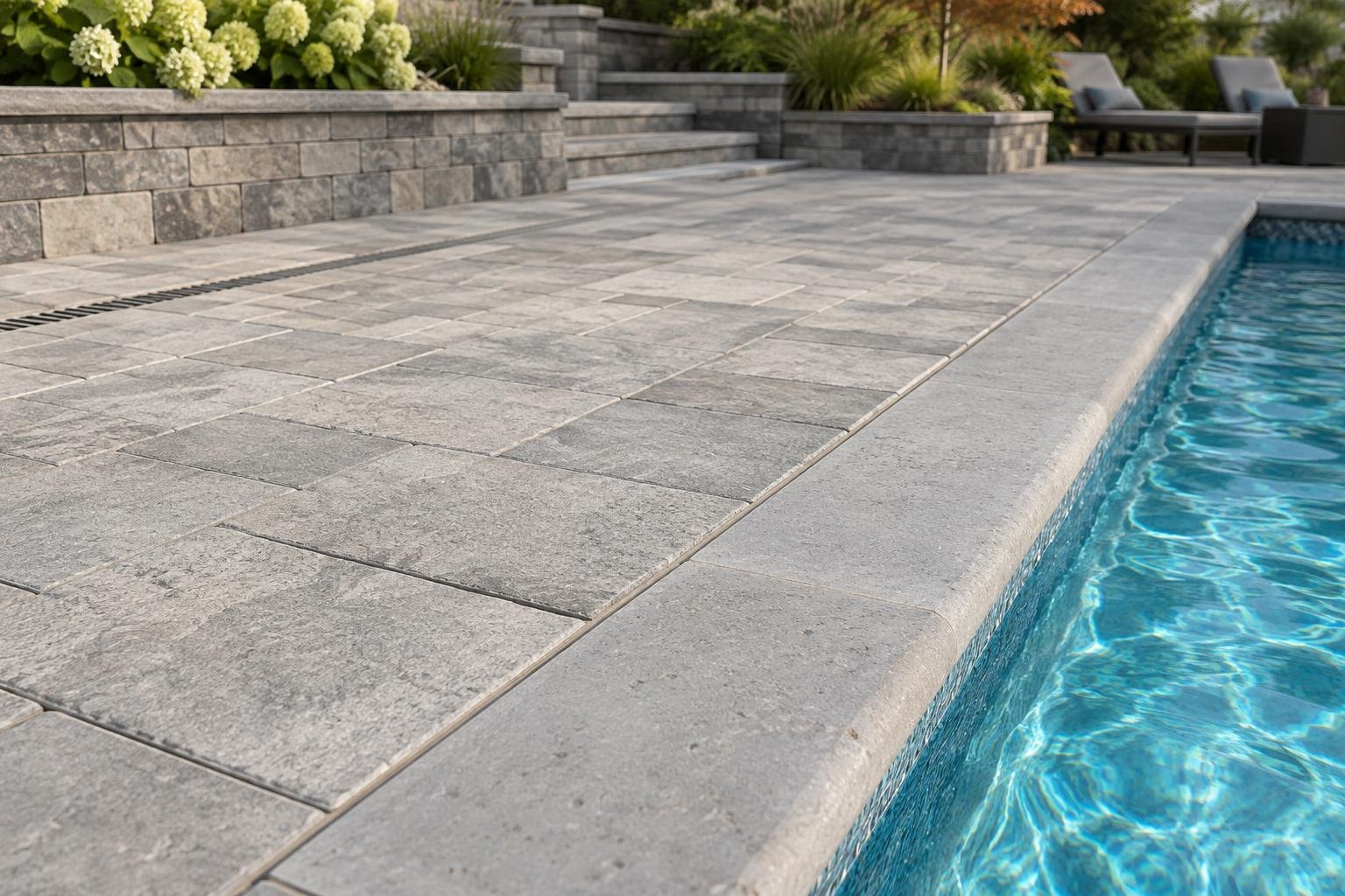 Detail of textured pool deck pavers meeting coping, with a nearby linear drain.