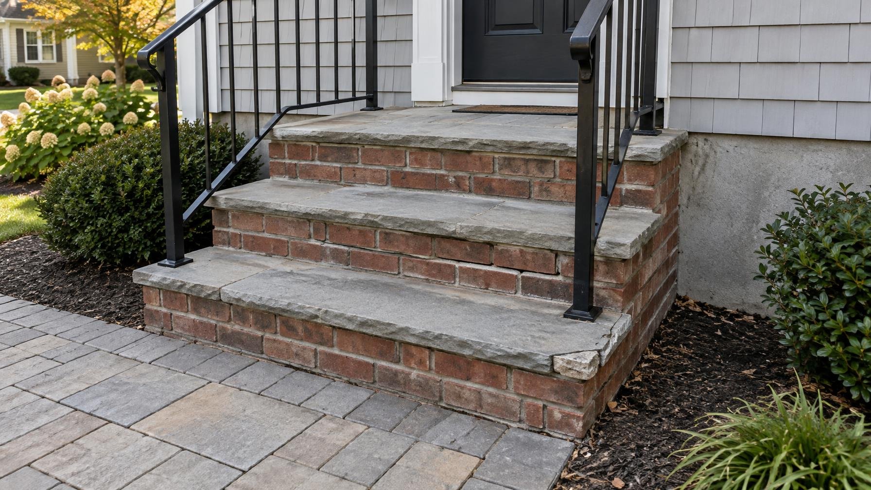 Brick entrance steps with stone treads, weathered mortar joints and an adjoining paver walkway.
