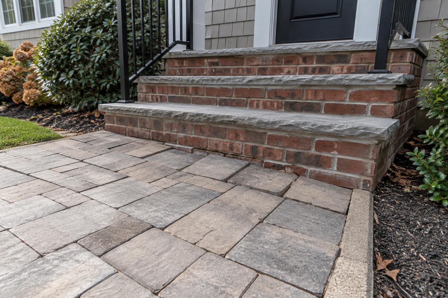 Settled walkway pavers meeting the bottom riser of a brick and stone stoop.