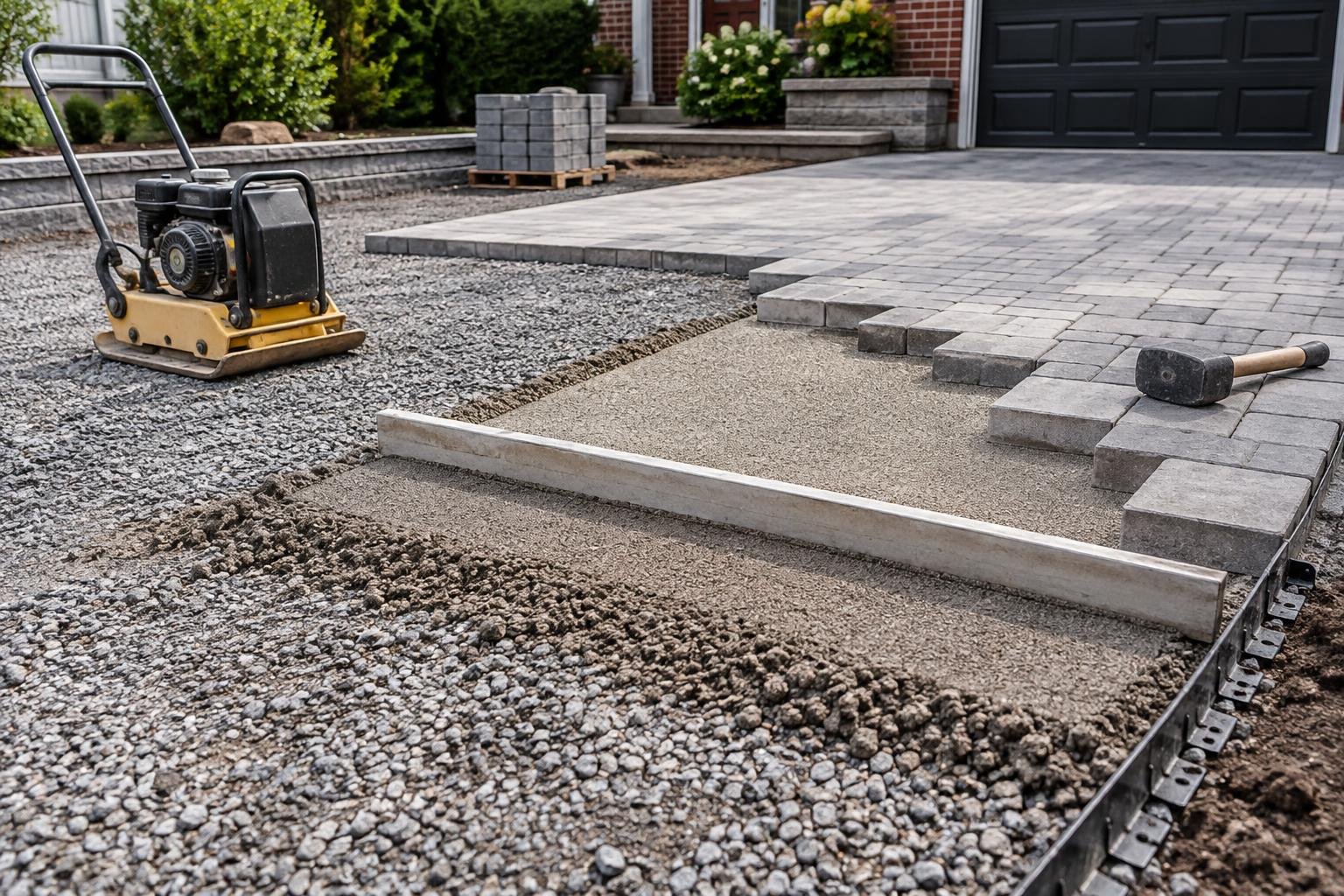 Partially installed driveway showing aggregate base, bedding and concrete pavers.