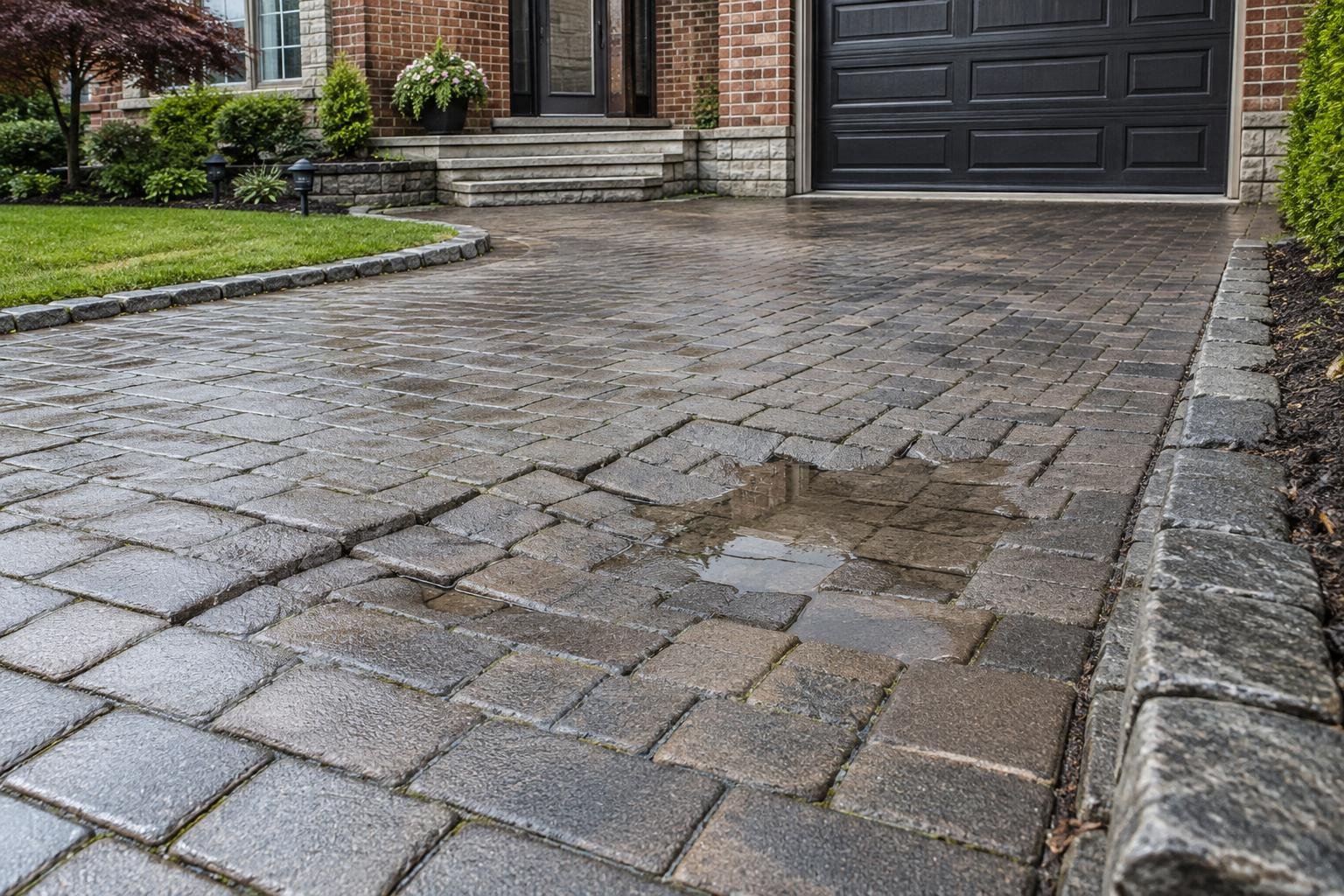 Localized settlement and a shallow puddle in a concrete paver driveway.