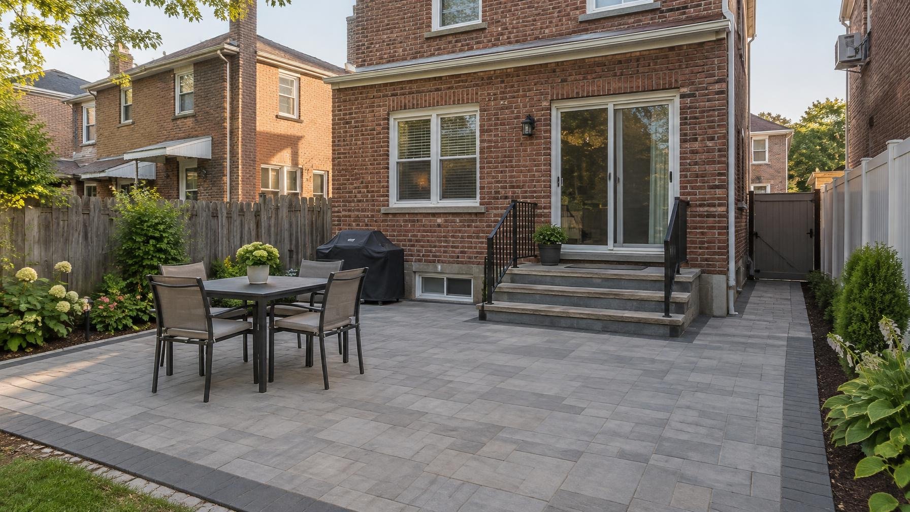 Illustrative paver patio in a Flushing-style brick-home backyard with dining space and planting beds.