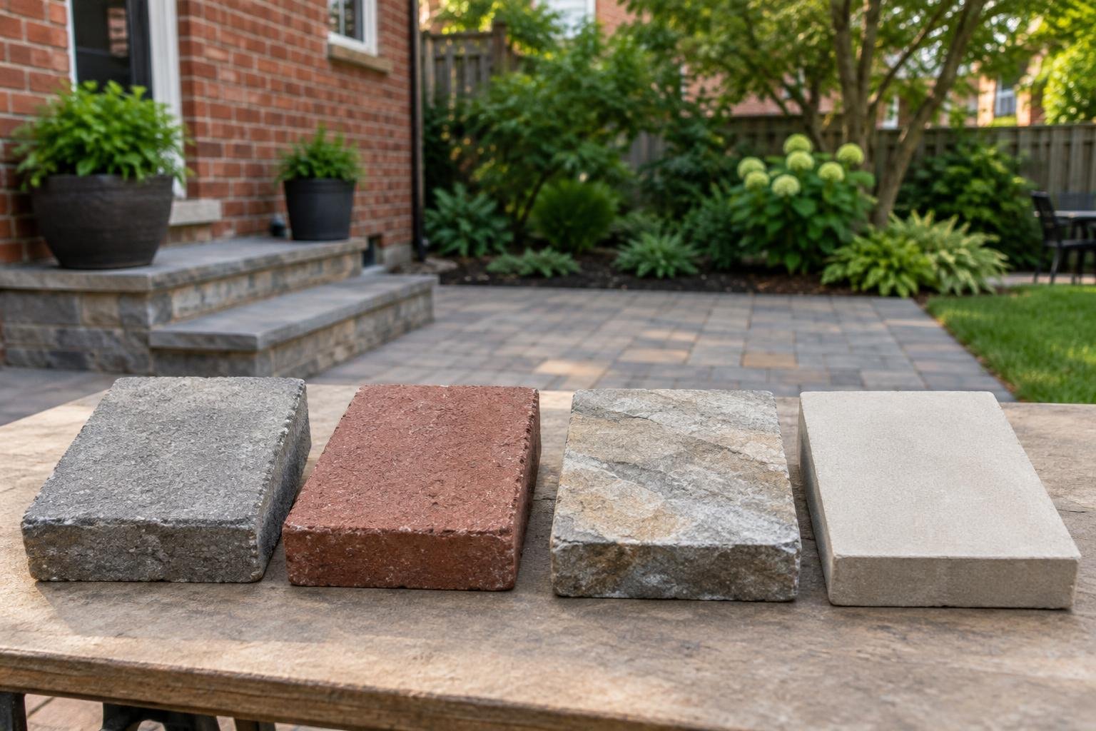 Concrete, brick, natural stone and porcelain paving samples showing different patio textures and colors.