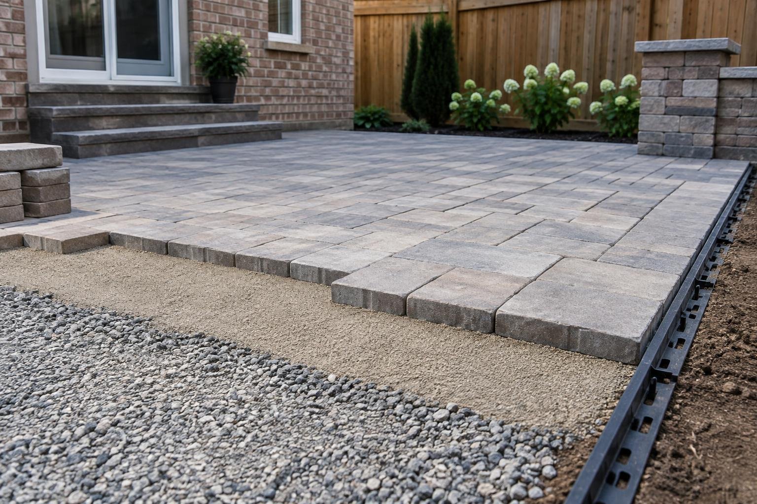 Illustrative patio installation showing pavers, bedding, aggregate base and edge restraint.