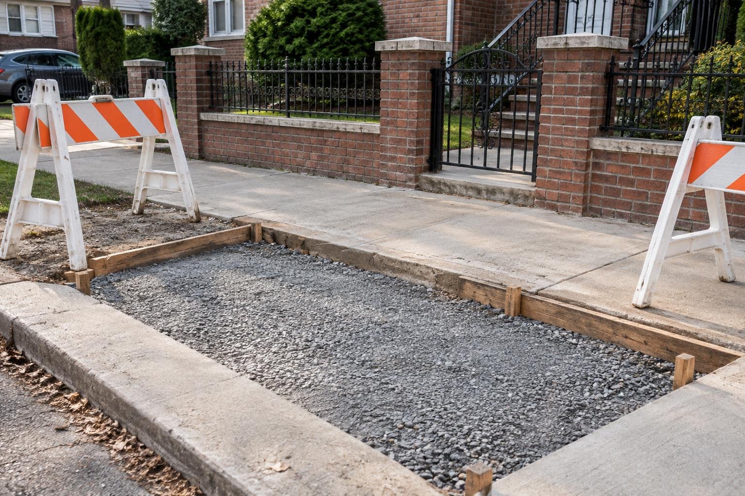 Prepared sidewalk replacement area with granular base, forms and safety barriers before concrete placement.